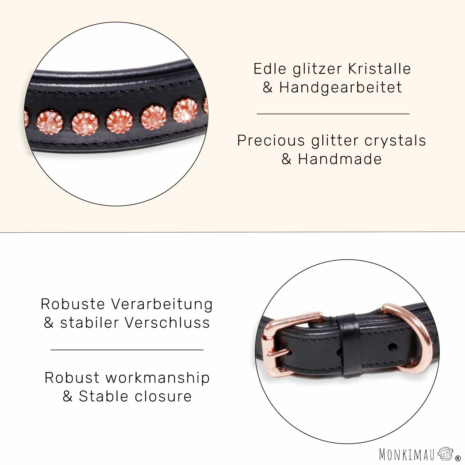 Monkimau Hunde-Halsband Hundehalsband Leder Halsband Hund schwarz mit rosegold Kristallen S-XS, Leder