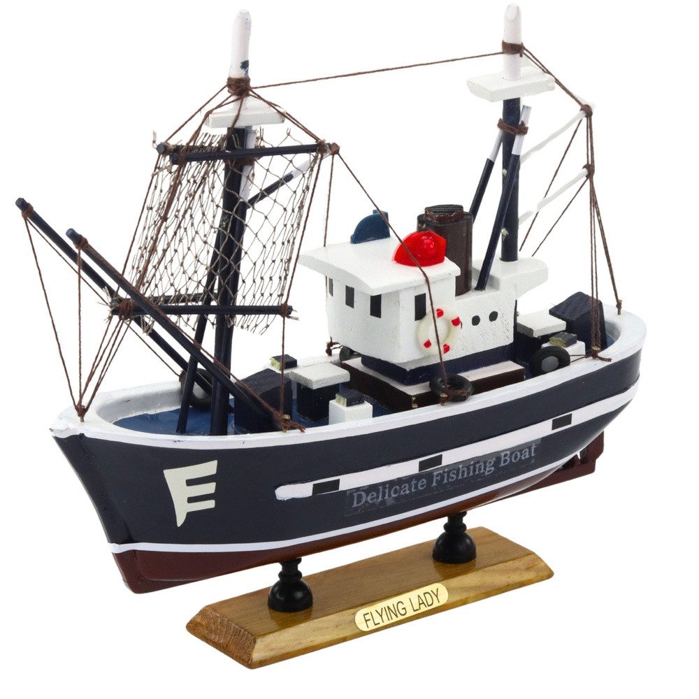LEAN TOYS Modellboot Fischkutter Schiffsmodell Hafendekoration, (Spar-Set, 1-tlg., 24x23x7,5 cm maritim), Handgefertigt, Holz, Takelage mit Netz, Sockel mit Plakette