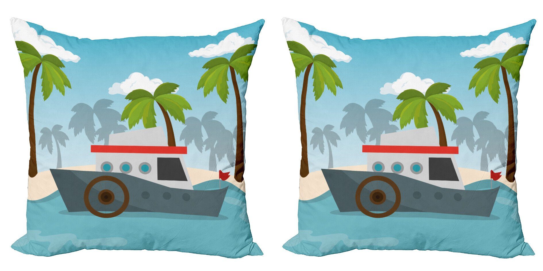 Kissenbezüge Modern Accent Doppelseitiger Digitaldruck, Abakuhaus (2 Stück), Grafik-Strand Cartoon Boat Palms