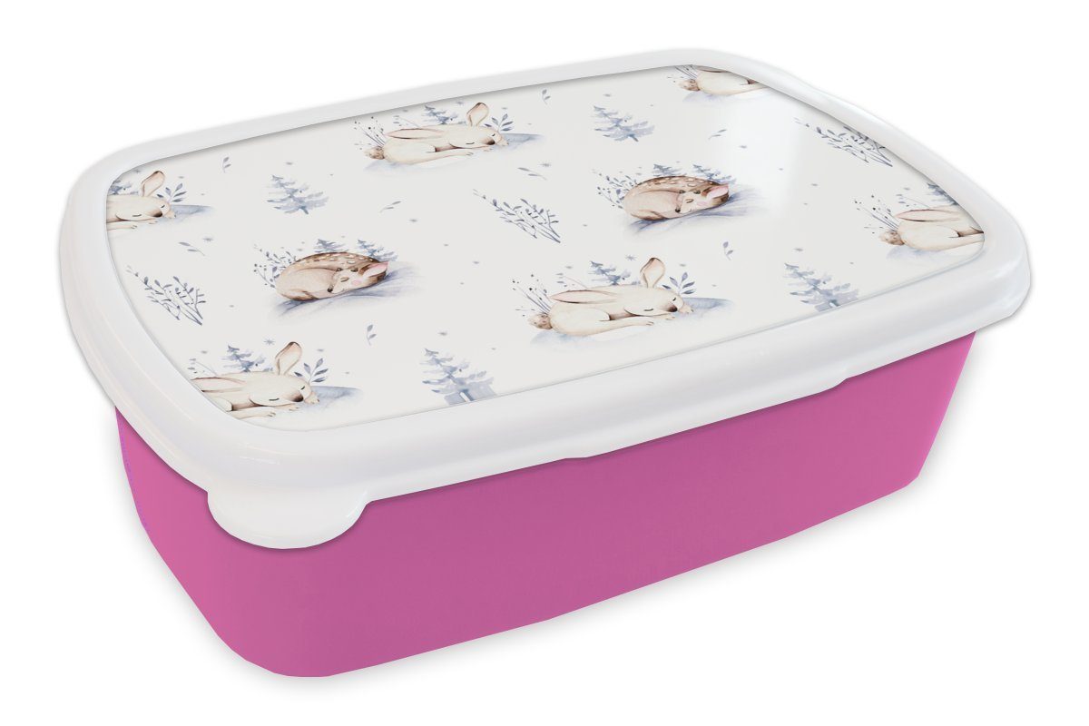 MuchoWow Lunchbox Winter - Hasen - Rehe, Kunststoff, (2-tlg), Brotbox für Erwachsene, Brotdose Kinder, Snackbox, Mädchen, Kunststoff rosa