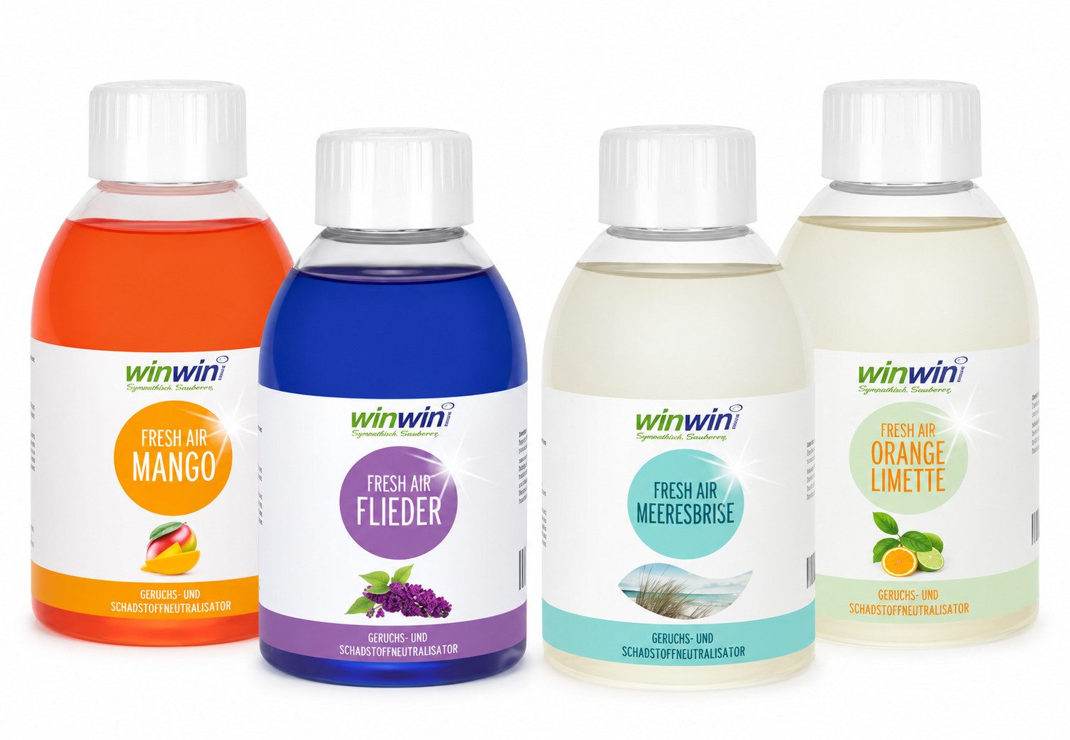 winwinCLEAN Raumduft fresh AIR SET 4x 250ml: Raumluft-Deo, Luftreinigungs-Konzentrat (Spar Set, 4-St., fresh AIR 250ml I Mango I Flieder I Meeresbrise I Orange-Limette), Geruchsentferner,Geruchsneutralisierer,Reinigungsmittel,Air Purifier