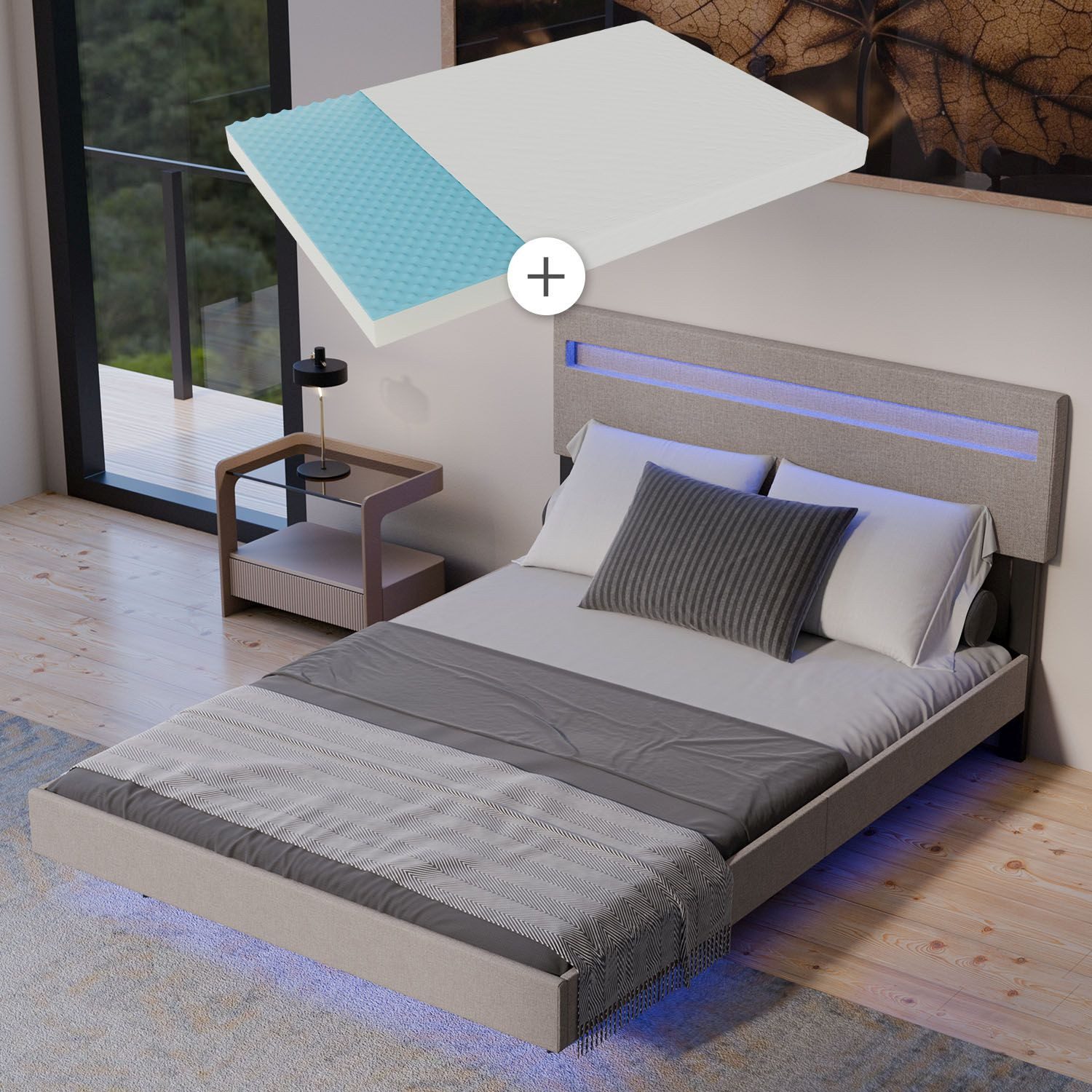Juskys Polsterbett Lissabon, LED-Beleuchtung, Matratze, verstellbares Kopfteil, Schwebebett