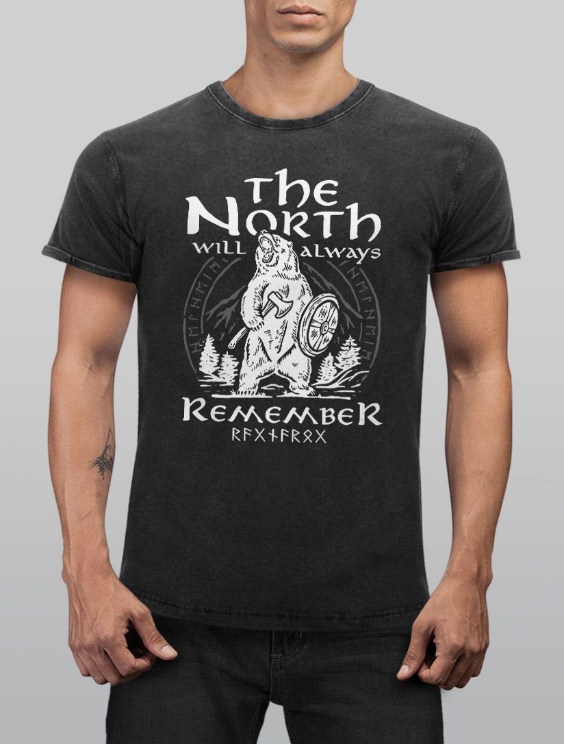 Neverless Print-Shirt Herren Vintage Shirt Bär Wiking Adventure Runen the N günstig online kaufen