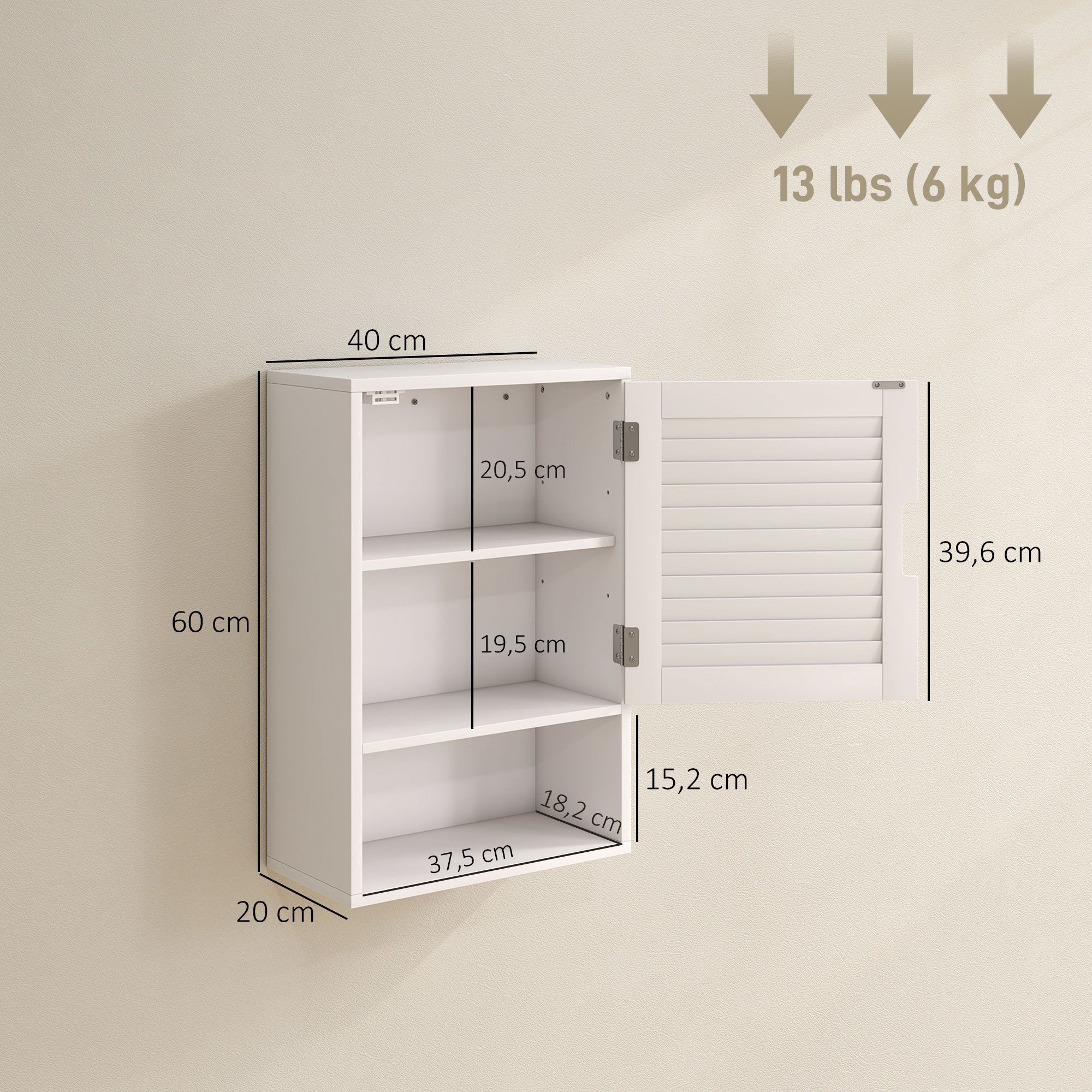 HOMCOM Hängeschrank Badezimmerschrank mit Tür, verstellbaren Ablagen 40 x 20 x 60 cm (Wandschrank, 1-St., Badschrank) 3-fach verstellbares Regal, Weiß