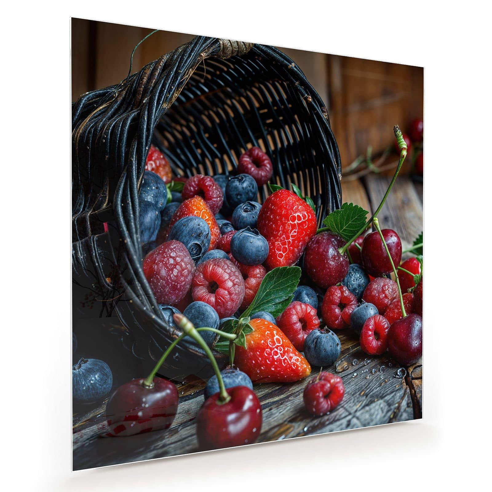 Glasbild Wandbild Quadratisch Frische Beerenkorb mit Aufhängung