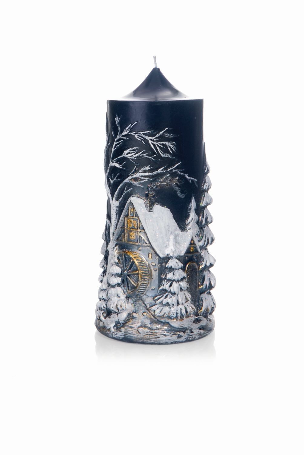 INNA-Glas Adventskerze MEREDITH mit Relief, Wintermühle, bemalt, dunkelblau, 22cm, Ø10cm