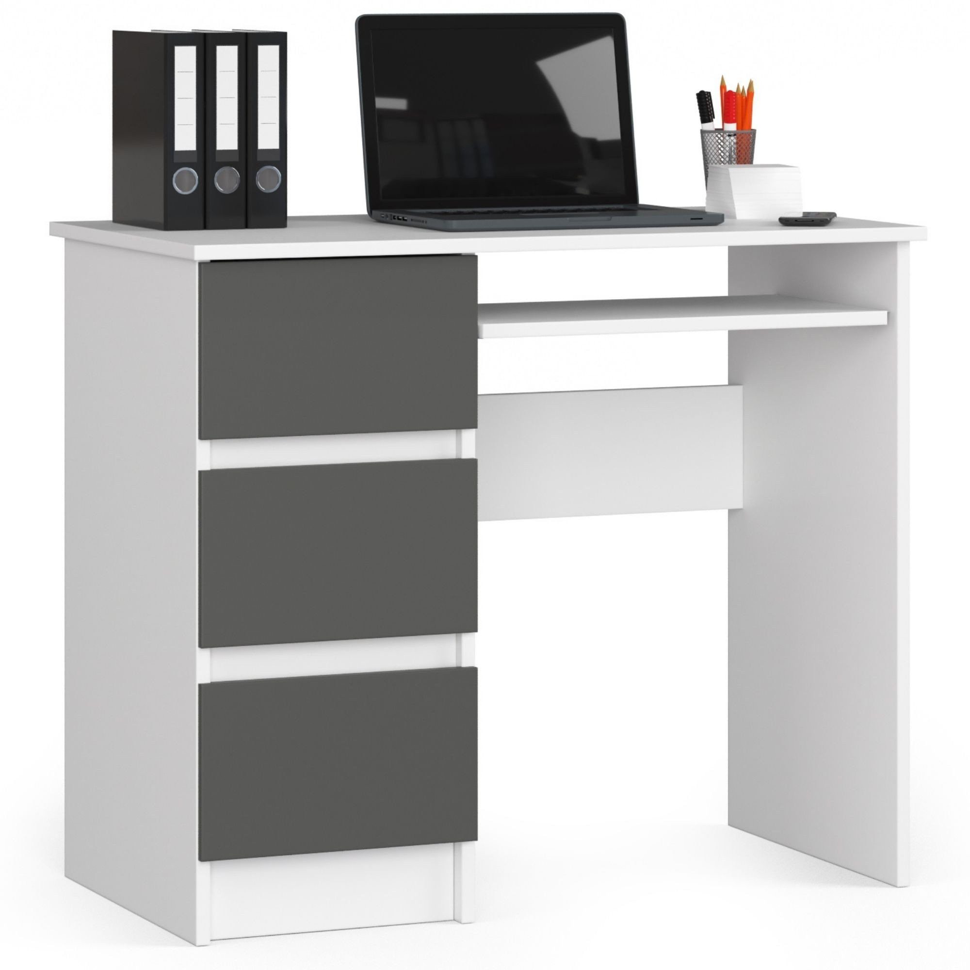 Raumhirsch Furniture Schreibtisch mit Tastaturauszug - zwei Tischvarianten - 90 cm breit, mit 3 Schubkästen - Kasten linke Variante