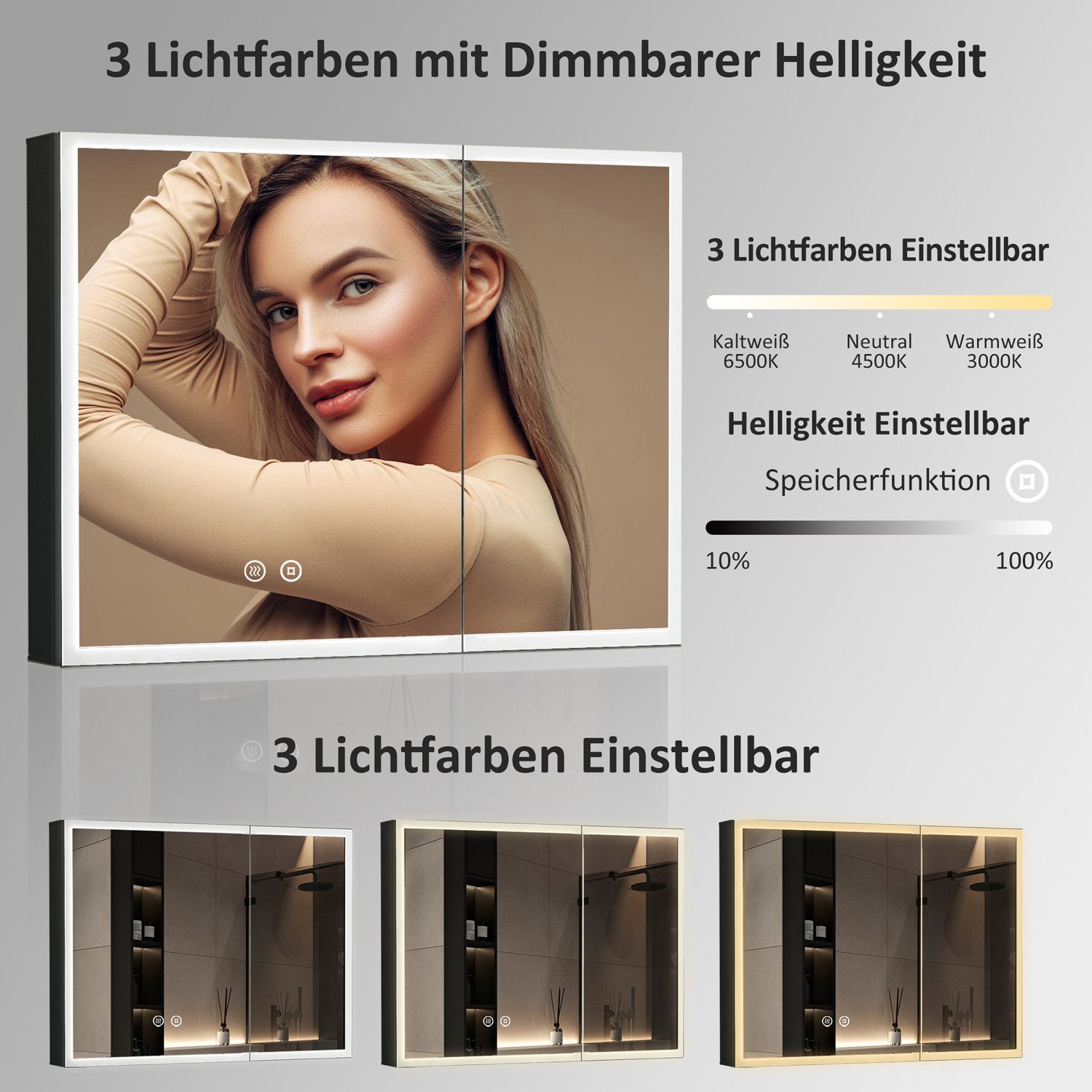 WDWRITTI Spiegelschrank mit beleuchtung 3Lichtmodi Dimmbar Badezimmerspiegelschrank LED 80x60 (Metall LED Wandschrank Hängeschrank Schwarz 2 türig, Speicherfunk – Bild 5 von 5