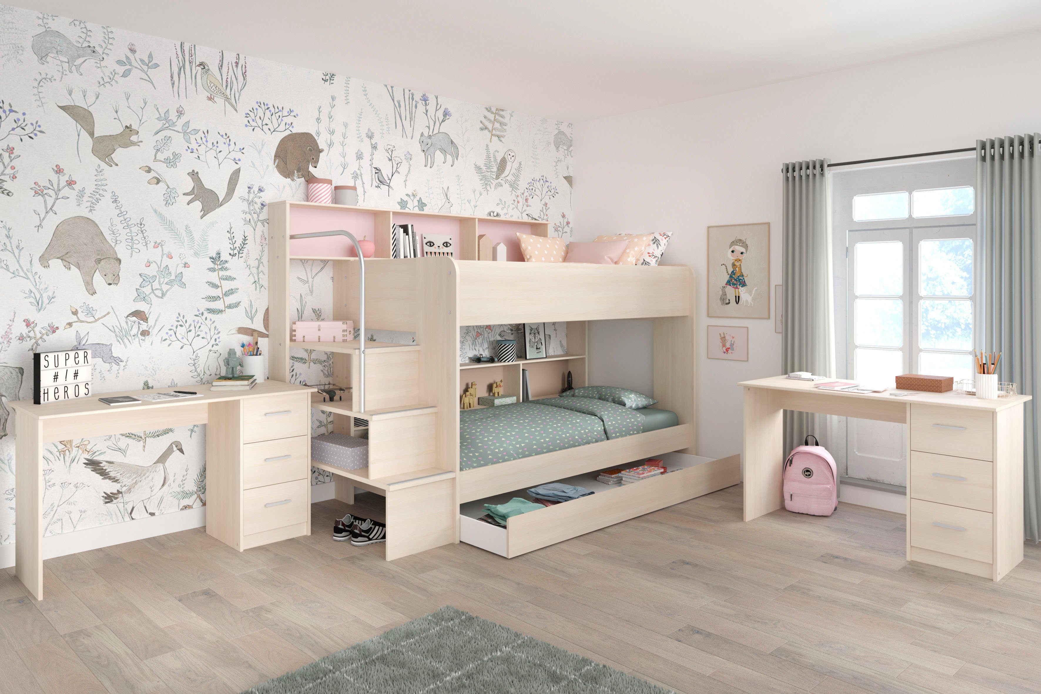 Parisot Jugendzimmer-Set Bibop, (3-St., Etagenbett, zwei Schreibtische), mit 2 Schreibtischen