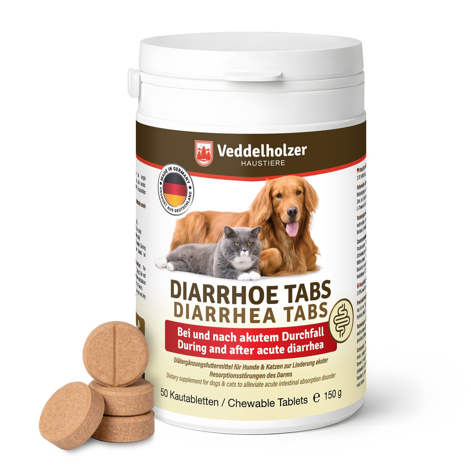 Veddelholzer 50 Diarrhoe Kautabletten Diät Ergänzungsmittel für Hunde & Katzen, Nahrungsergänzungsmittel für: Hunde, Katzen, Präbiotika & pflanzlichen Inhaltsstoffen Unterstützung bei Durchfall