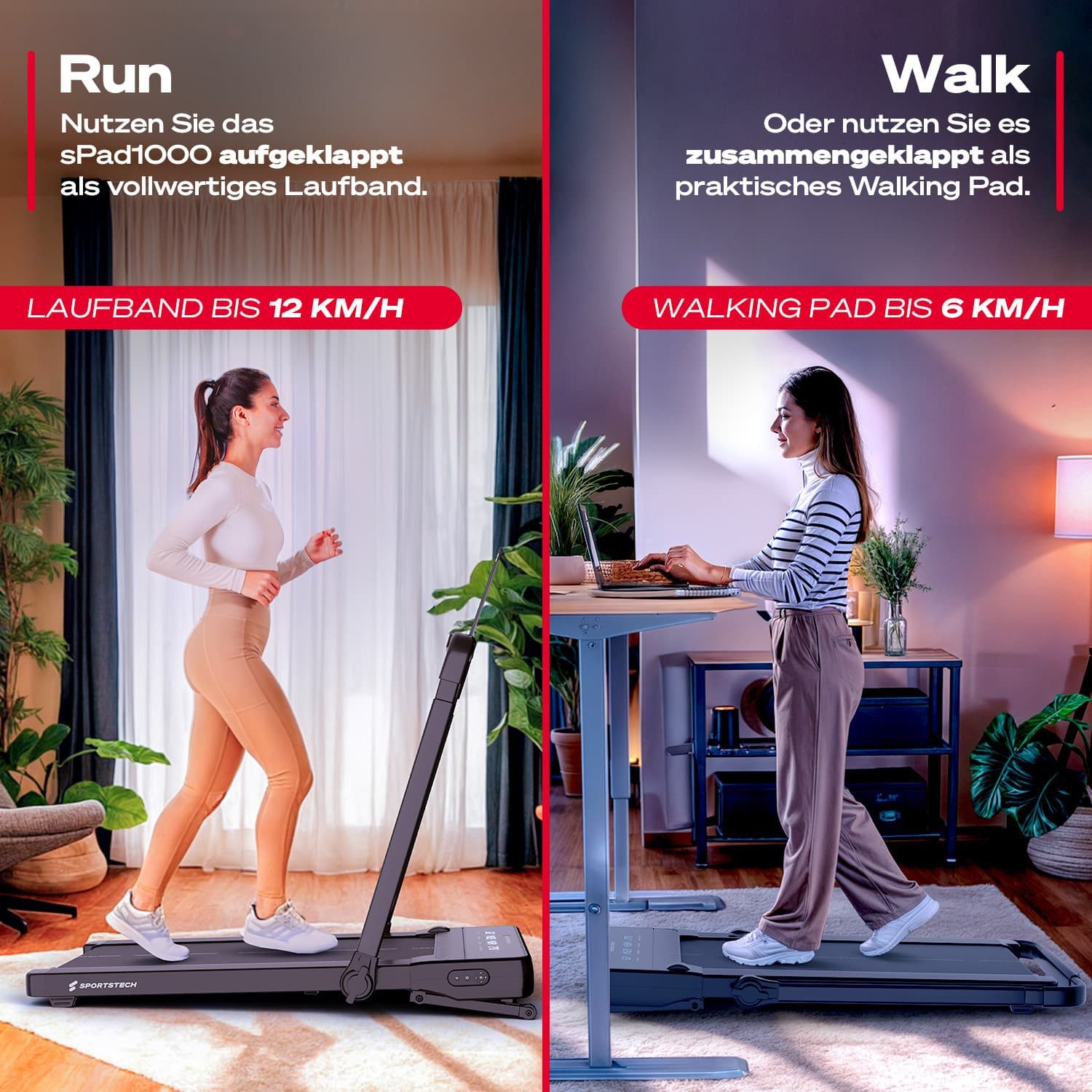 Sportstech Laufband sPad1000, Bis 12 km/h & 17 % Steigung, 8 Stufen, kompakt, Tablethalterung
