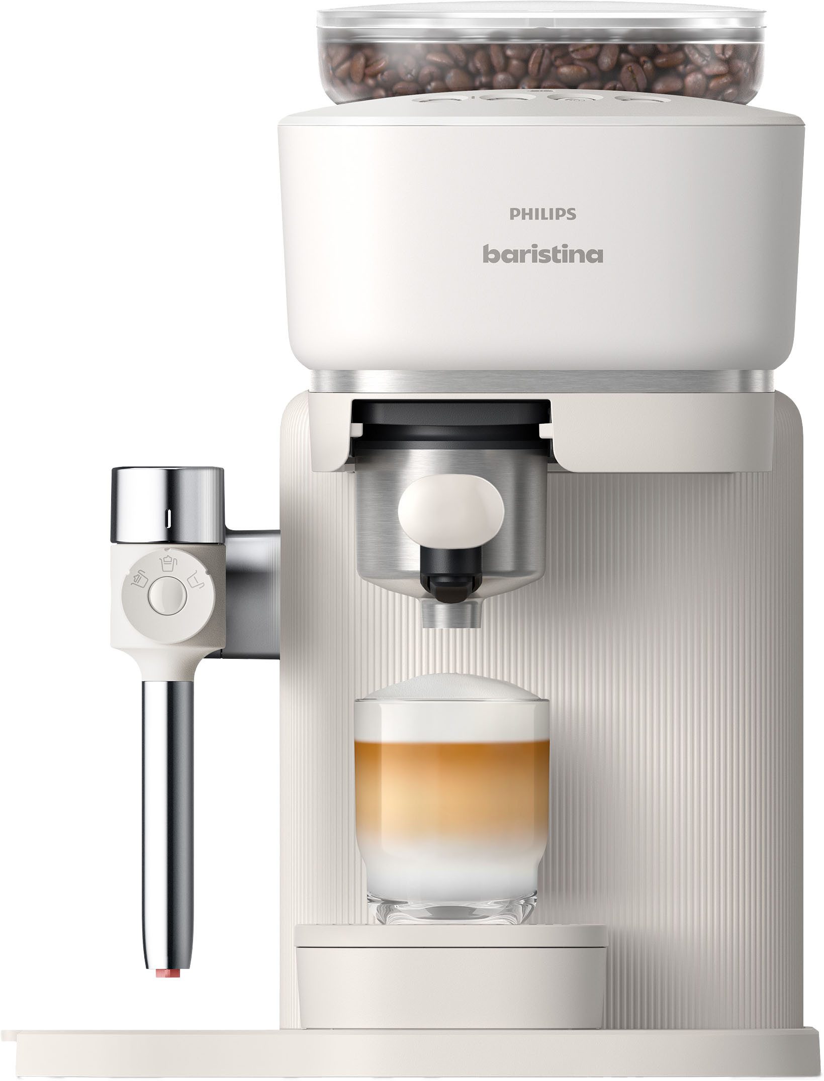 PHILIPS baristina Espressomaschine Latte BAR400/00 mit Mahlwerk für ganze Bohnen und Milchschaumdüse, 3 Schaumarten, 16 bar Pumpendruck, Naturweiß/Weiß
