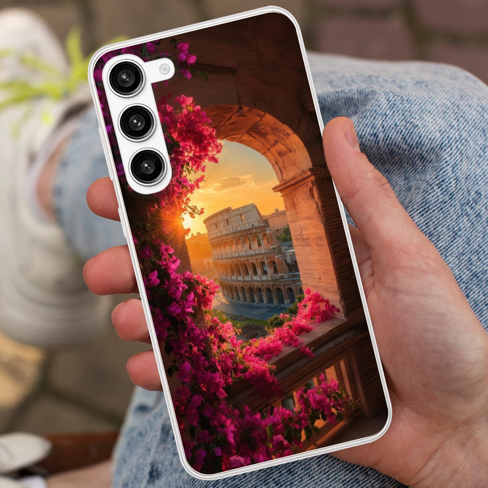 MuchoWow Handyhülle für Samsung Galaxy S23 Plus Kolosseum - Rom - Rosa Blumen, Phone Case, Silikon, Schutzhülle Dünn