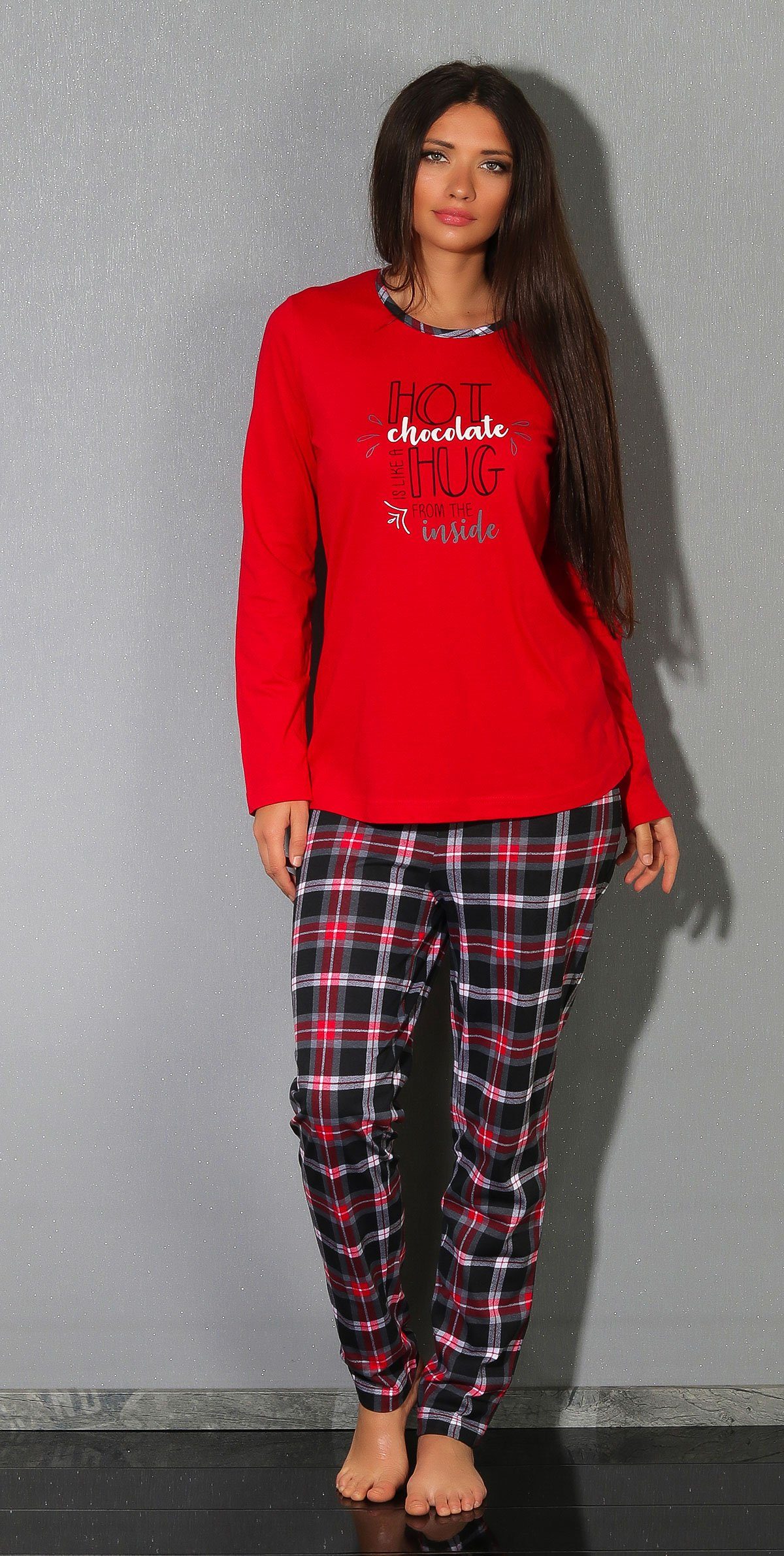 Normann Pyjama Damen rot Übergrößen auch und - Frontprint in lang Karohose mit Pyjama