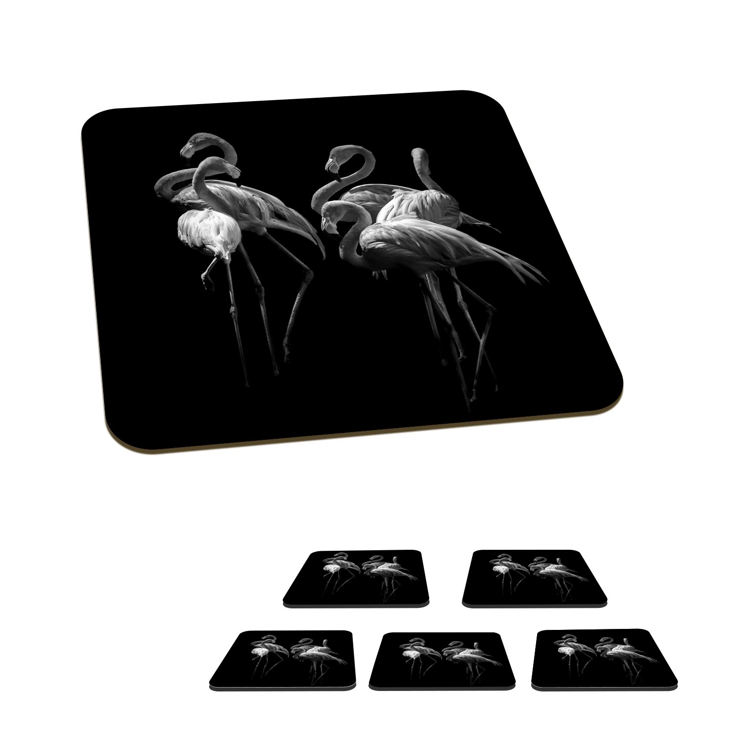 MuchoWow Glasuntersetzer Gruppe schwarzem Glasuntersetzer, Tischuntersetzer, auf 6-tlg., Zubehör Flamingos weiß, Gläser, für - Tasse Hintergrund und Korkuntersetzer, Untersetzer, von schwarz