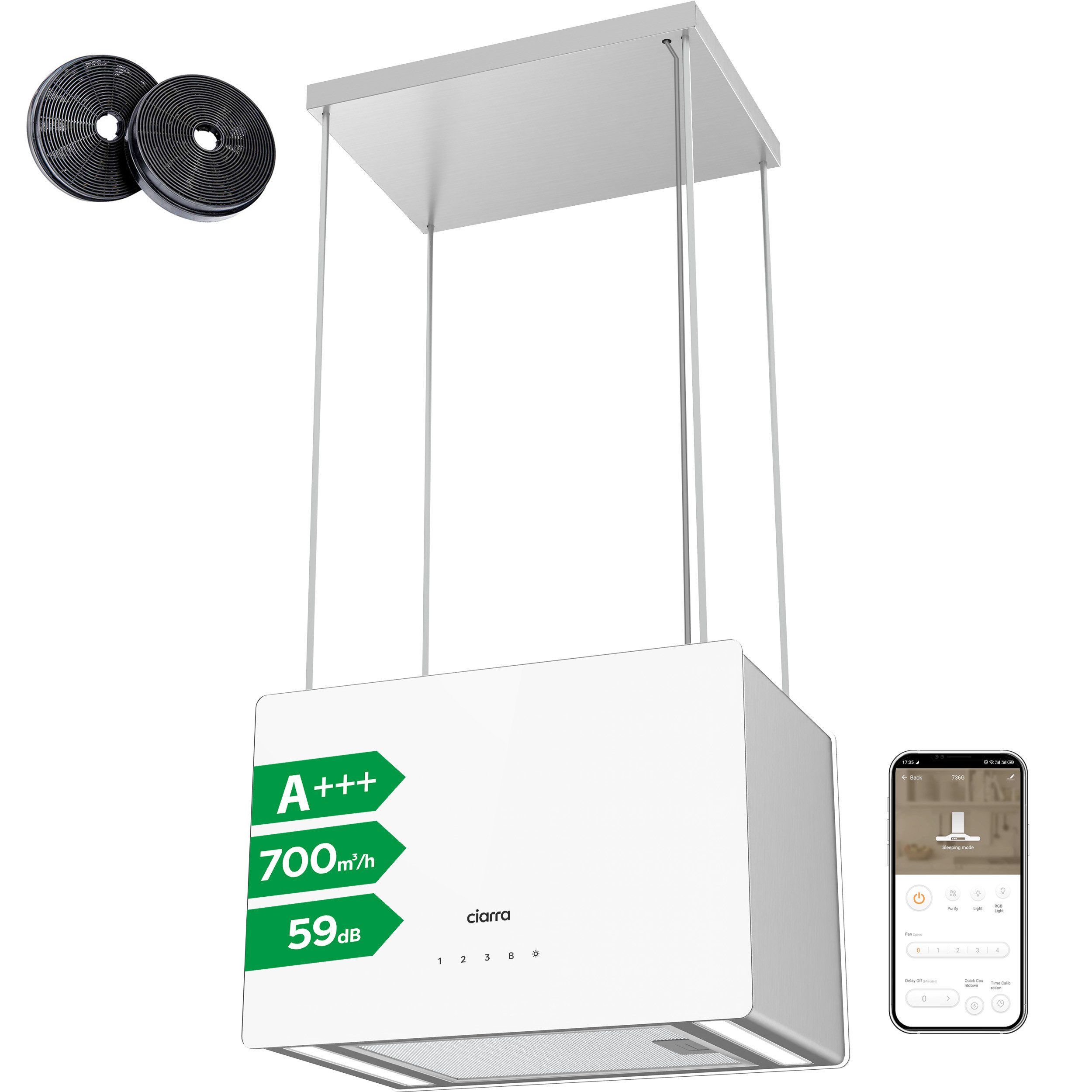 CIARRA Inselhaube 48 cm A+++ 700 m³/h leise Dunstabzugshaube freihängend Umluft CBCS4850 48 cm A+++ 700 m³/h leise Dunstabzugshaube freihängend Umluft CBCS4850, WIFI-APP Touch Control Inkl. BOOST 4 Stufen mit Kohlefilter & LED
