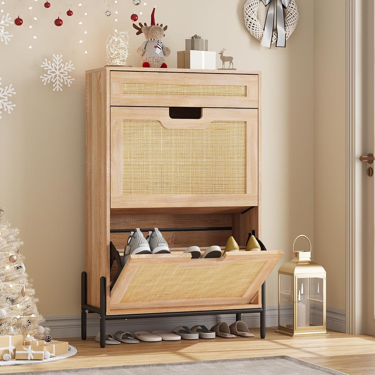 GarveeMore Schuhschrank Rattan mit 2 Flip Tür und 1 Schublade,4 Einstellbar günstig online kaufen