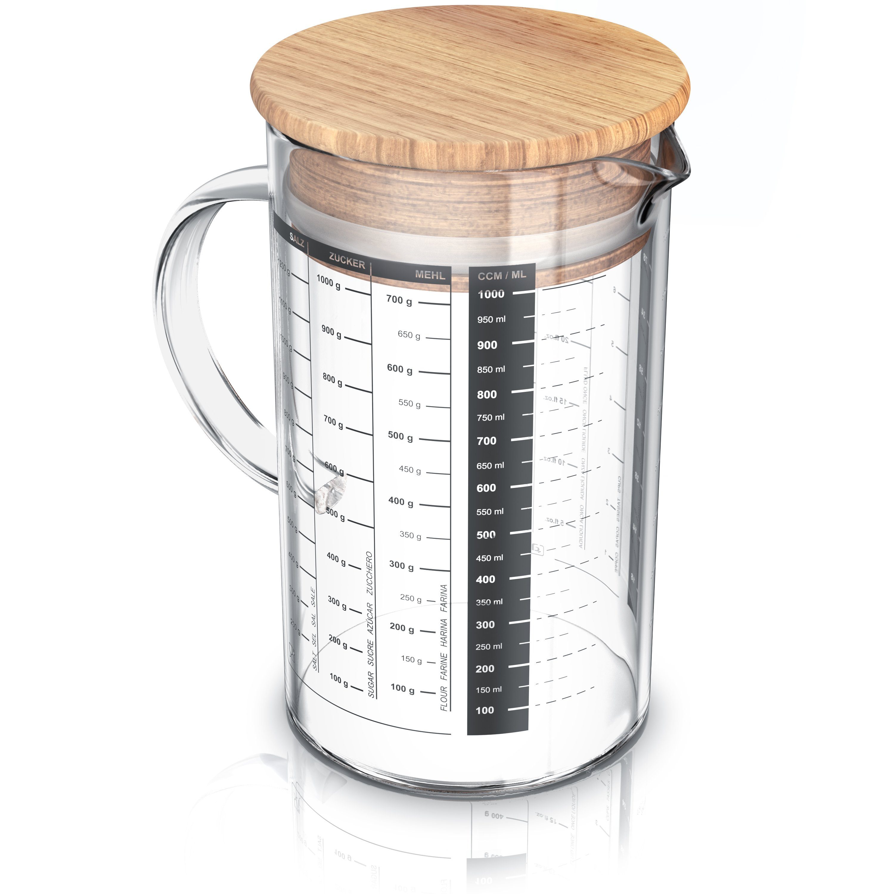 Arendo Messbecher Glasbehälter 1000 ml luftdicht, Küchenbehälter mit Bambusdeckel, Glas, (1-St), Silikondichtung, für Mehl Zucker Gewürze Flüssigkeiten Süßigkeiten