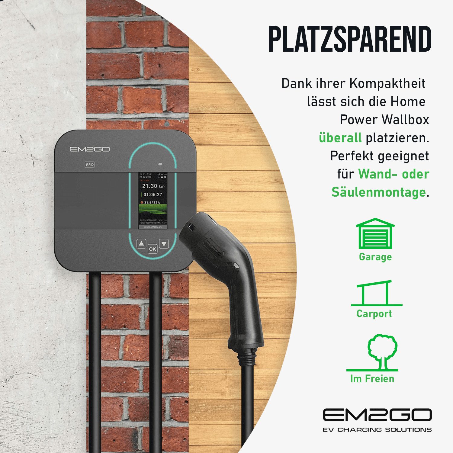 EM2GO EM2GO Wallbox 11kW mit App, RFID, Typ 2 Ladekabel & CEE Adapter Elektroauto-Ladegerät (Wallbox Solarkompatibel - Batteriespeichertauglich)