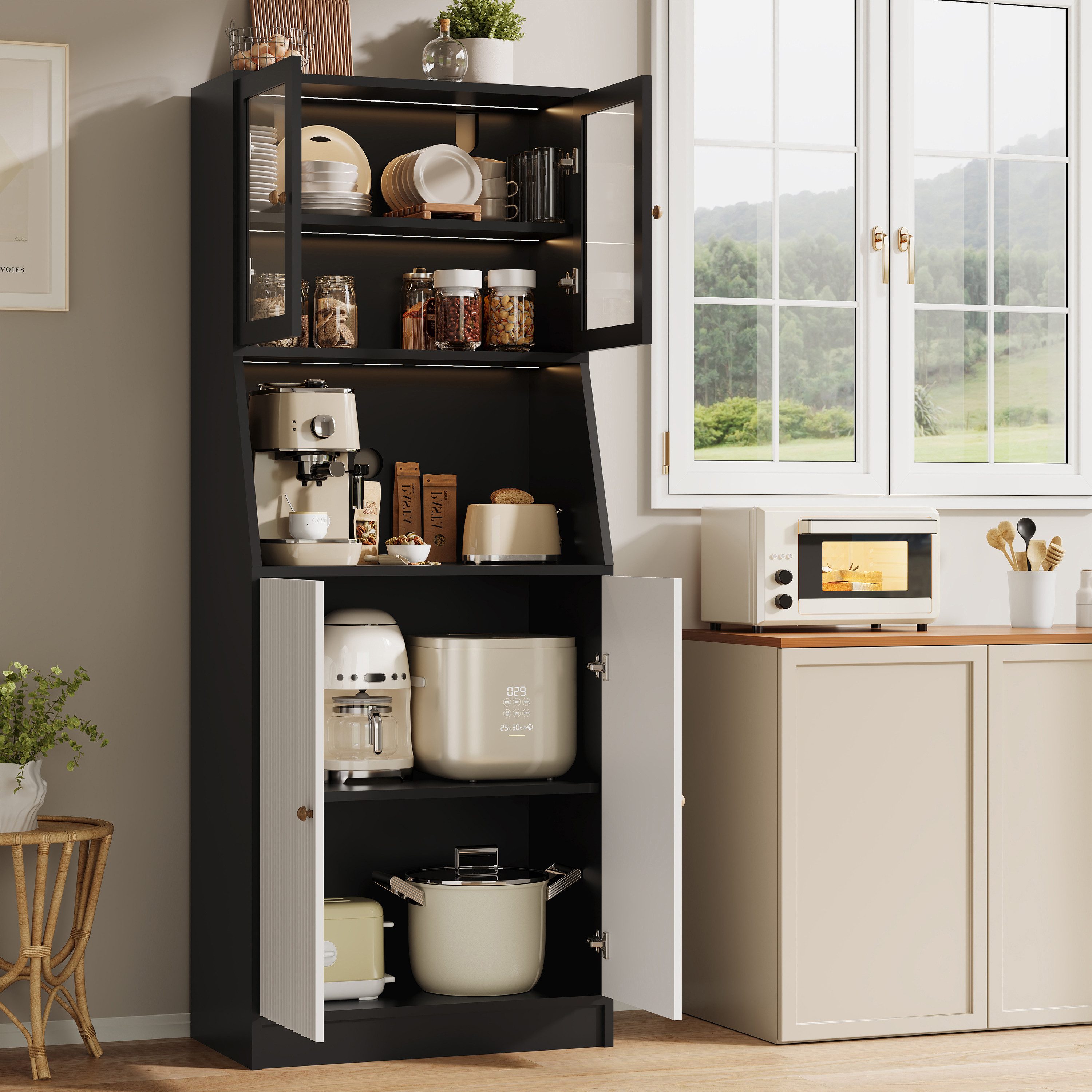 BELUPAI Küchenbuffet Hochschrank mit Glastüren and LED-Beleuchtung (Set, 1-St., Hoher Buffetschrank Weinschrank mit Verstellbaren Einlegeböden) Vorratsschrank für Küche, Wohnzimmer, Esszimmer, 180x70x40cm, Schwarz