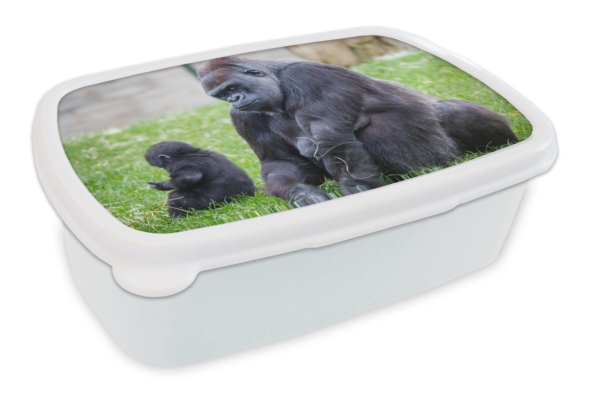 MuchoWow Lunchbox Ein großer Gorilla mit seinem Baby, Kunststoff, (2-tlg), Brotbox für Kinder und Erwachsene, Brotdose, für Jungs und Mädchen weiß