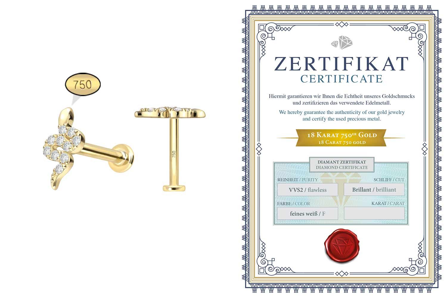 PIERCINGLINE Piercing-Set 18 Karat Gold Labret mit Innengewinde DIAMANT-SCHLANGE (Labrets, 1-tlg)