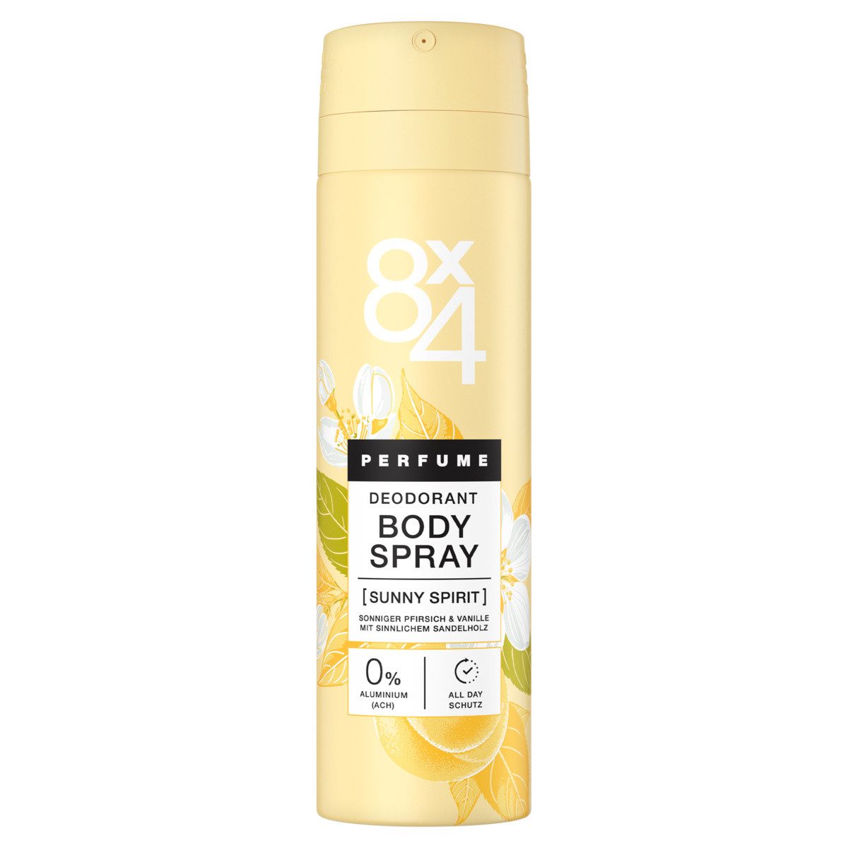 8x4 Bodyspray Sunny Spirit 6 x 150ml sunny Pfirsich cozy Vanille Sandelholz, Set, 6-tlg., 0% Aluminium (ACH)