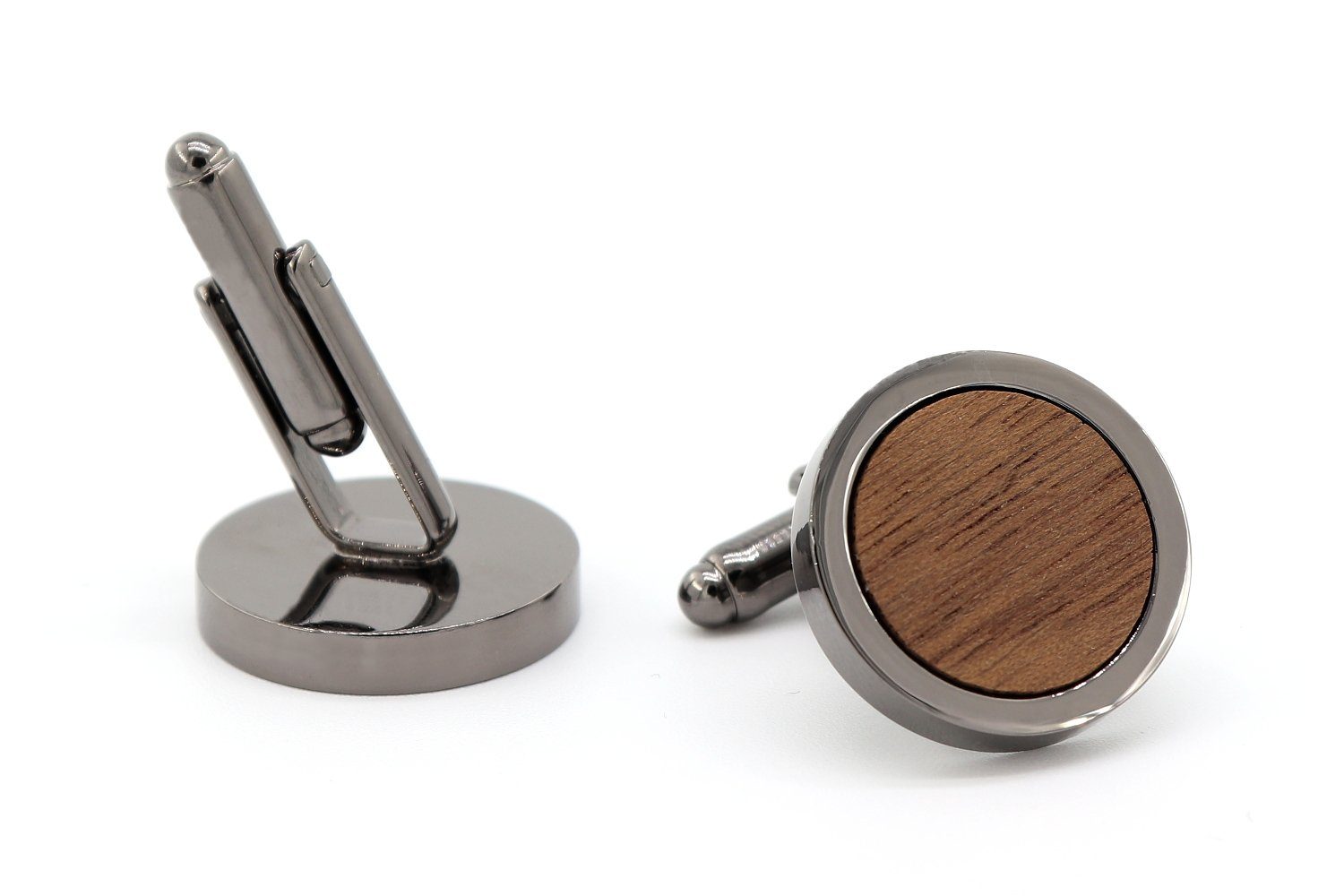 zur / Rund Manschettenknöpfe (schwarz silber, Hochzeit, Holz NaturSchatulle Klassik aus Cufflinks Anzug Nussbaum Holz),