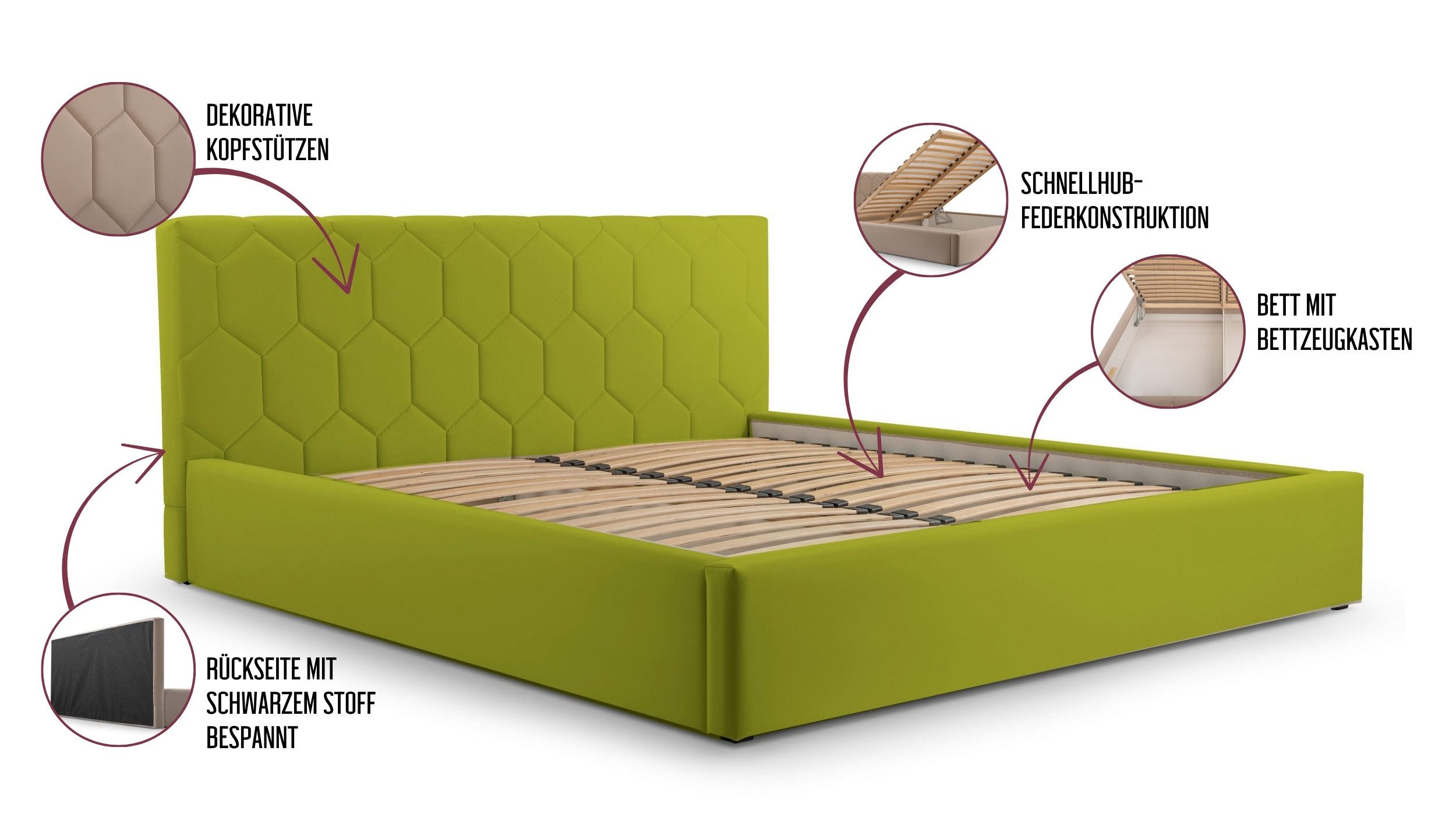 MOEBLO Polsterbett Bett 02 (aus Samt, Doppelbett mit gepolstertem Kopfteil, Bettkasten & Lattenrost, modernes Design mit Stauraum), (BxHxT): 158/178/198 x 95 x 220 cm