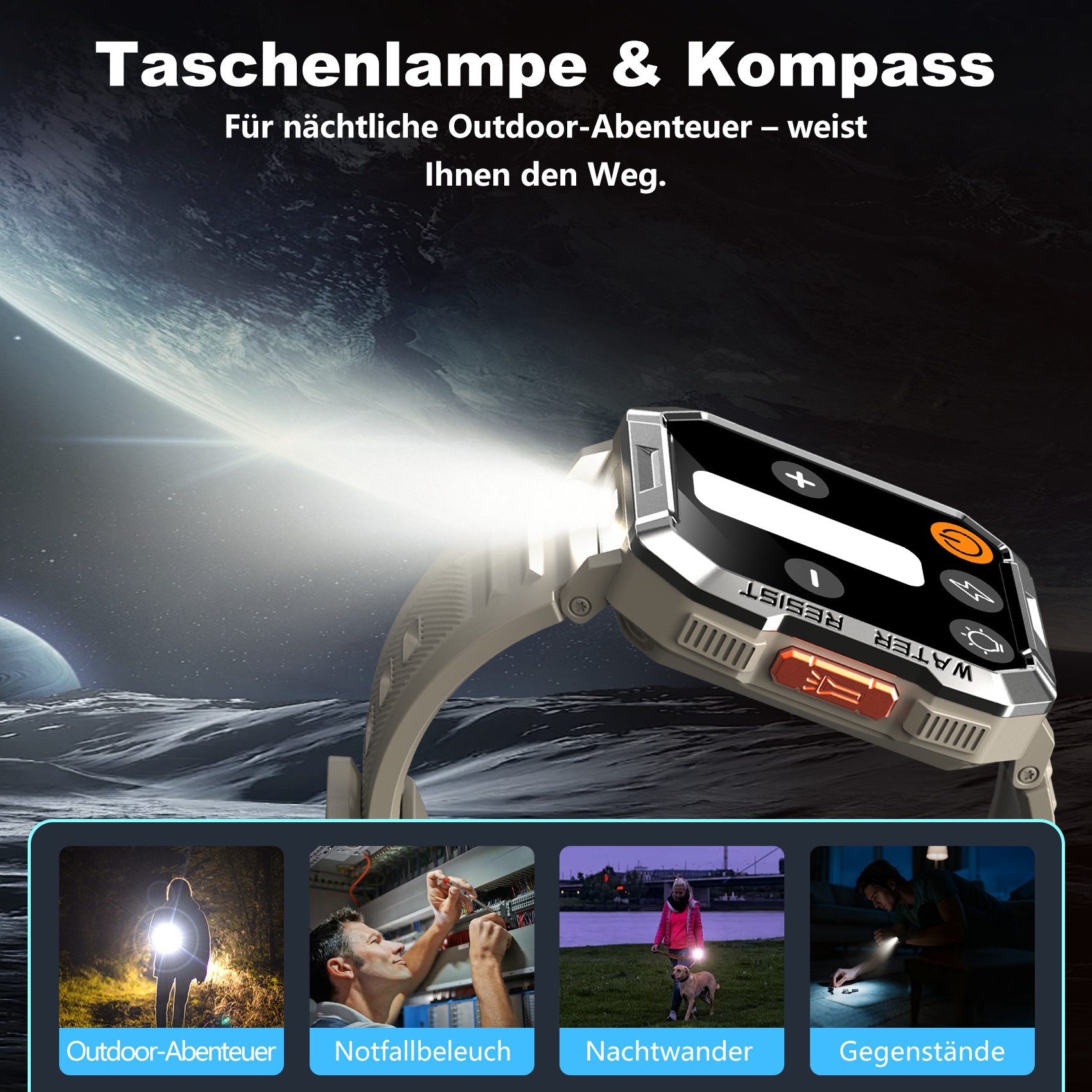 blackview 2026 900-mAh-Akku,Smartwatch Herren Militärqualität,100 Tage Standby Smartwatch (2.01 Zoll, iOS&Android) Packung, 2-tlg., 2 Armbänder / 3 Armbänder und Ladekabel, 2,01", LED Taschenlampe/Kompass/SOS,Schrittzähler, für Android und iOS