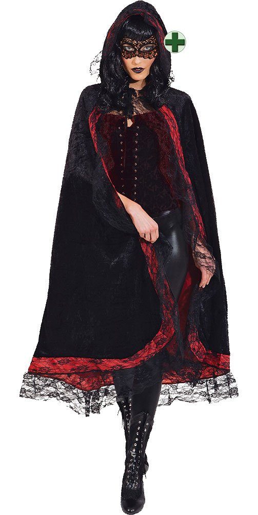 Karneval-Klamotten Umhang Gothic Damen Umhang mit Kapuze und Augenmaske, Frauenkostüm Halloween Cape Karneval