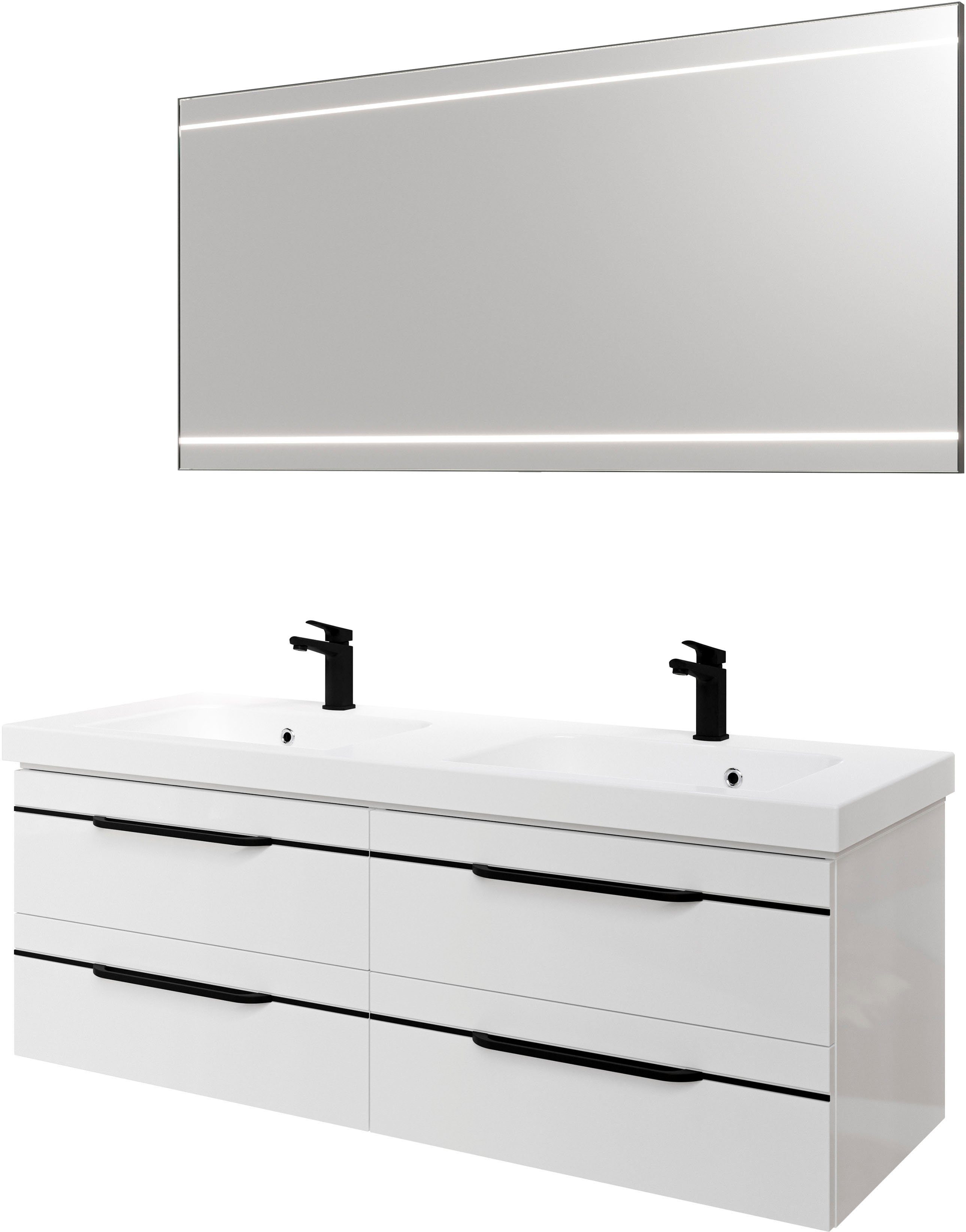 Saphir Badmöbel-Set Balto 2-teilig Mineralmarmor-Doppelwaschtisch mit LED-Spiegel, (2-St), Waschplatz 150 cm breit, 4 Schubladen, inkl. Schubladendämpfer