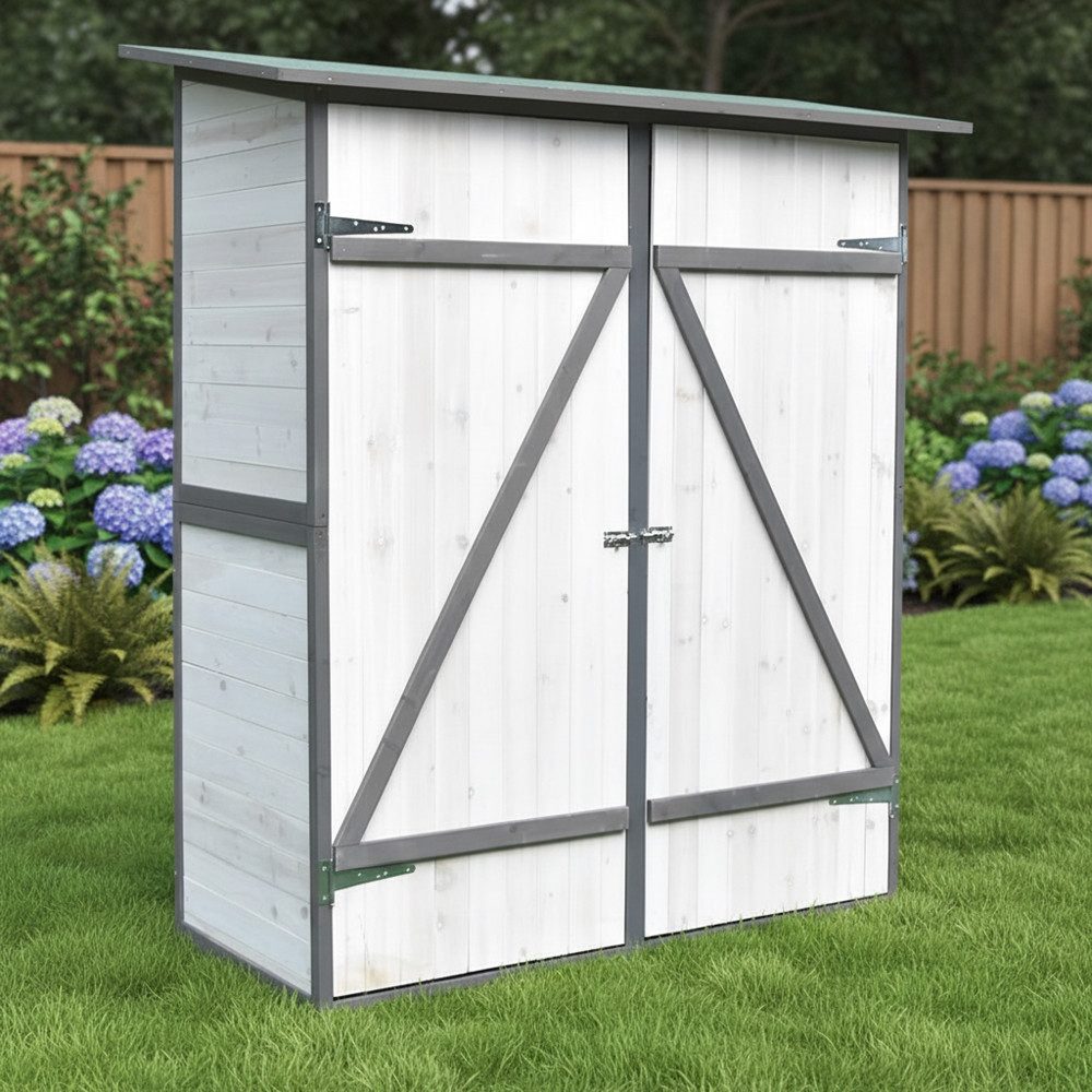 Mucola Gartenhaus Geräteschuppen Geräteschrank mit 2 Türen Gerätehaus Holz Gartenschrank, (Stück, mit Asphaltmatte, Dach und Doppelflügeltüren & Schloss), Fußboden und Zweiflügeltür mit Schiebeverriegelung