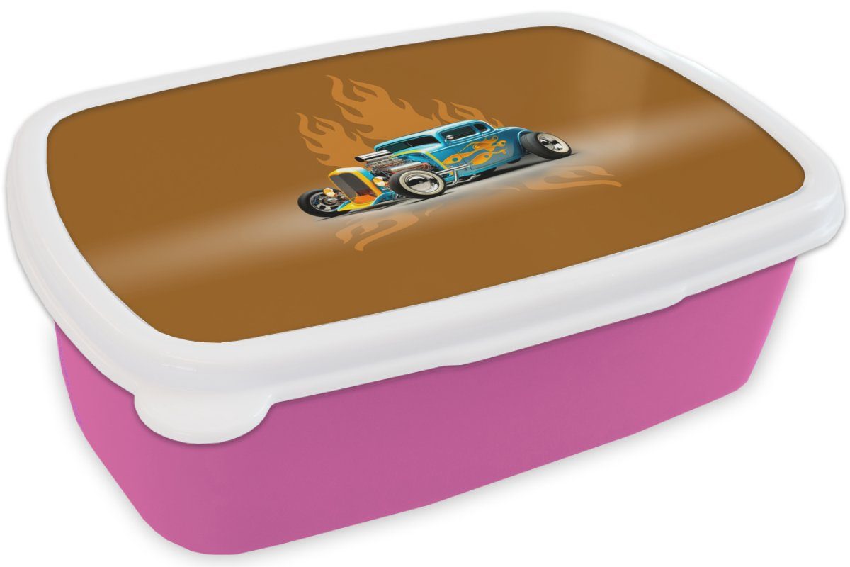 MuchoWow Lunchbox Auto - Snackbox, für Gelb Vintage, - Mädchen, Brotdose Kunststoff Brotbox Erwachsene, - Kinder, Flammen (2-tlg), rosa Kunststoff