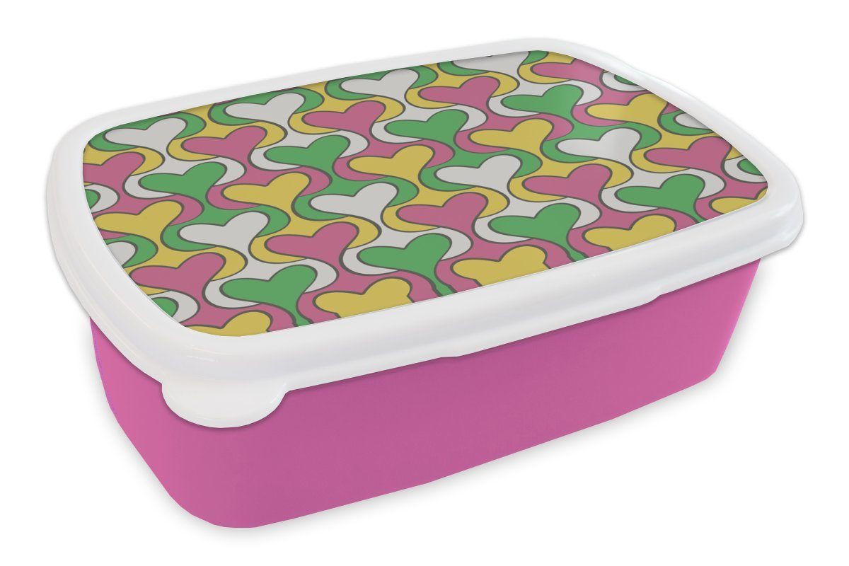 MuchoWow Lunchbox Herz - Retro - Muster, Kunststoff, (2-tlg), Brotbox für Erwachsene, Brotdose Kinder, Snackbox, Mädchen, Kunststoff rosa