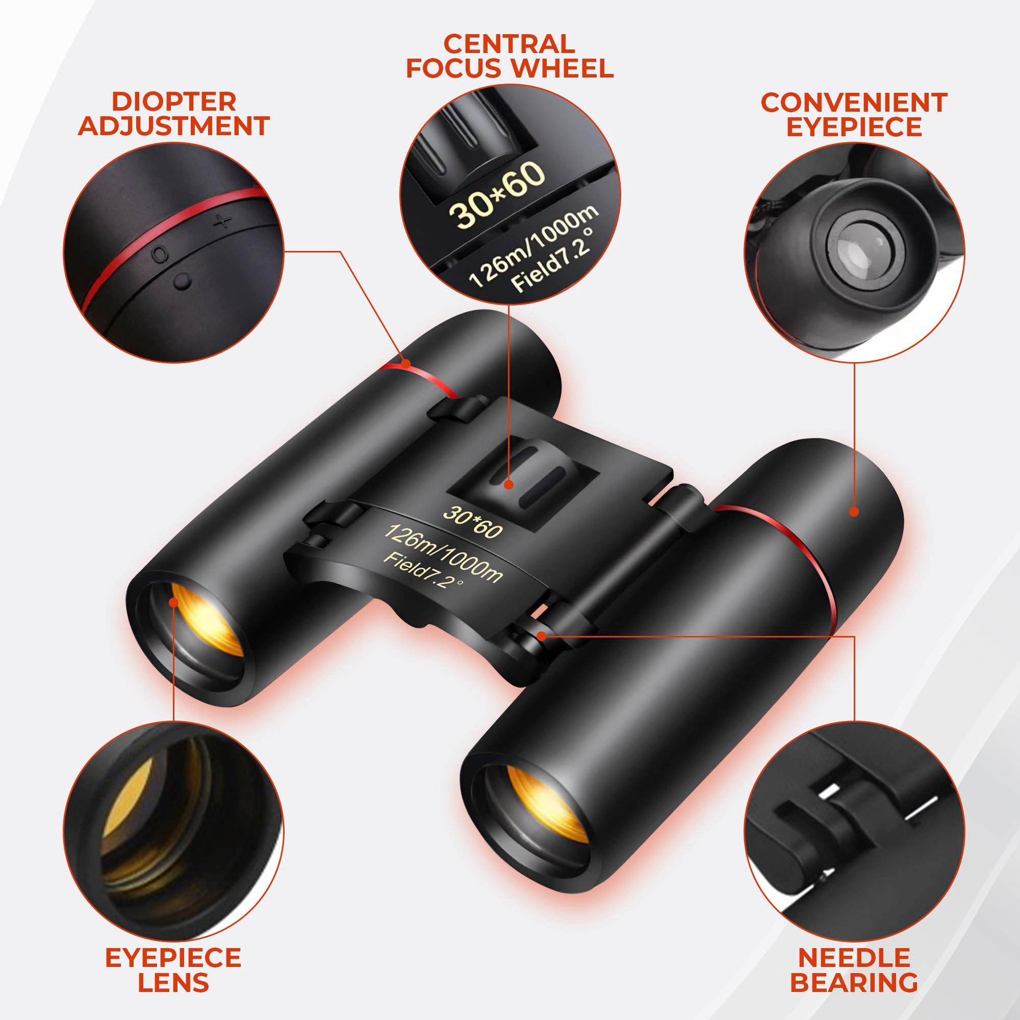 SURFOU 30x60 Zoom Fernglas – Klappbar, HD-Qualität Outdoor, Reisen Jagd Fernglas (Präzise Fokussierung, ergonomisches Design, Mini-Größe 11*8cm, Kompakt)