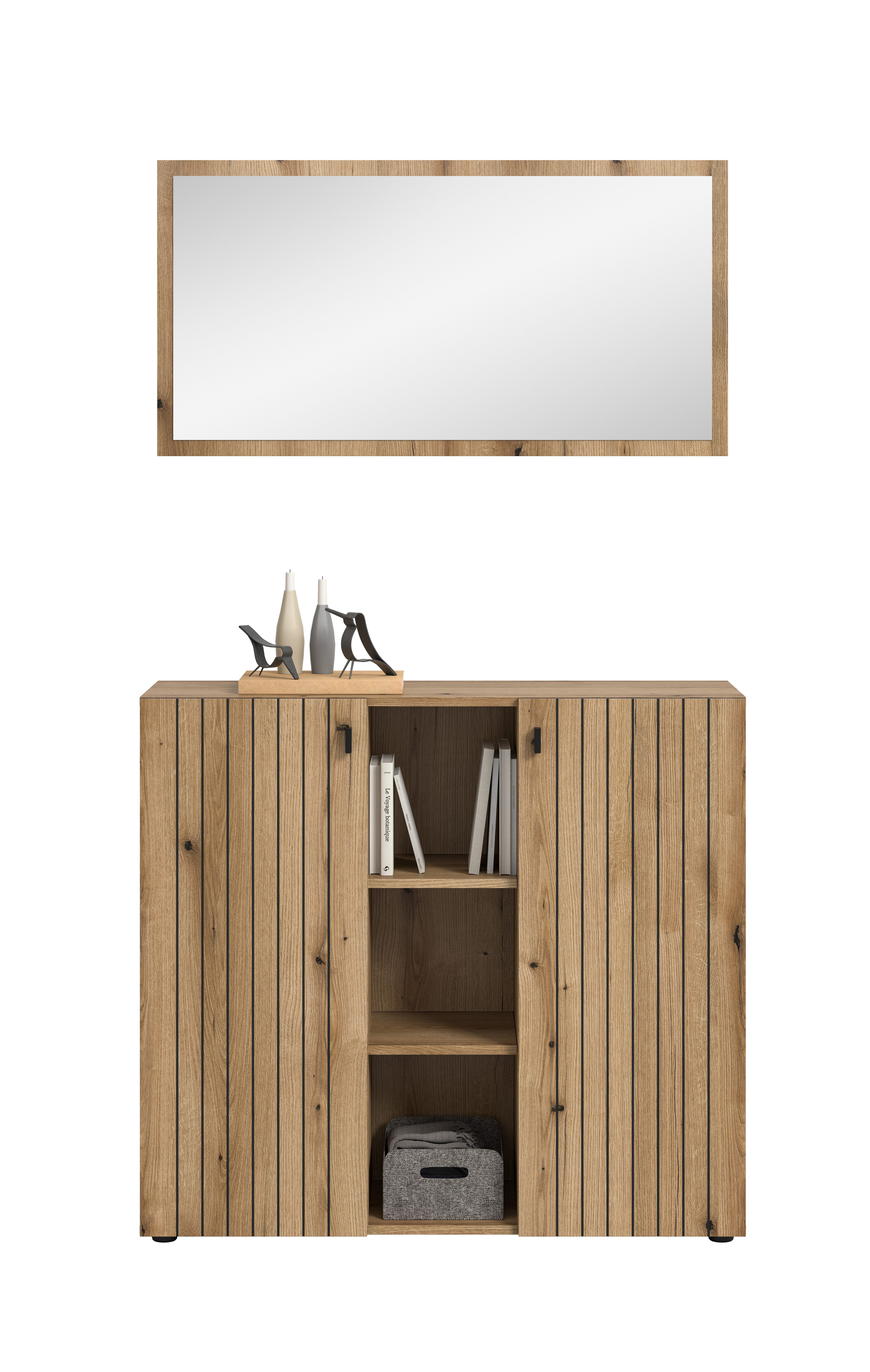 furnling Garderoben-Set Stalon, (2-St., Schuhkommode, Spiegel), kratzfeste & wasserabweisende Oberflächen in Paneeloptik, Evoke Oak