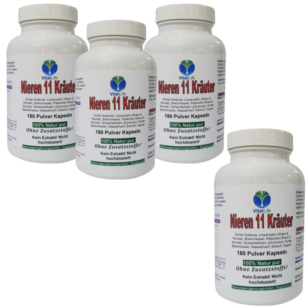 VitalLife Nieren 11 Kräuter "Nierenkräuter" NATUR Pur Ohne Zusatzsoffe Kapseln, 4 er Dose à 180 St., 340 g