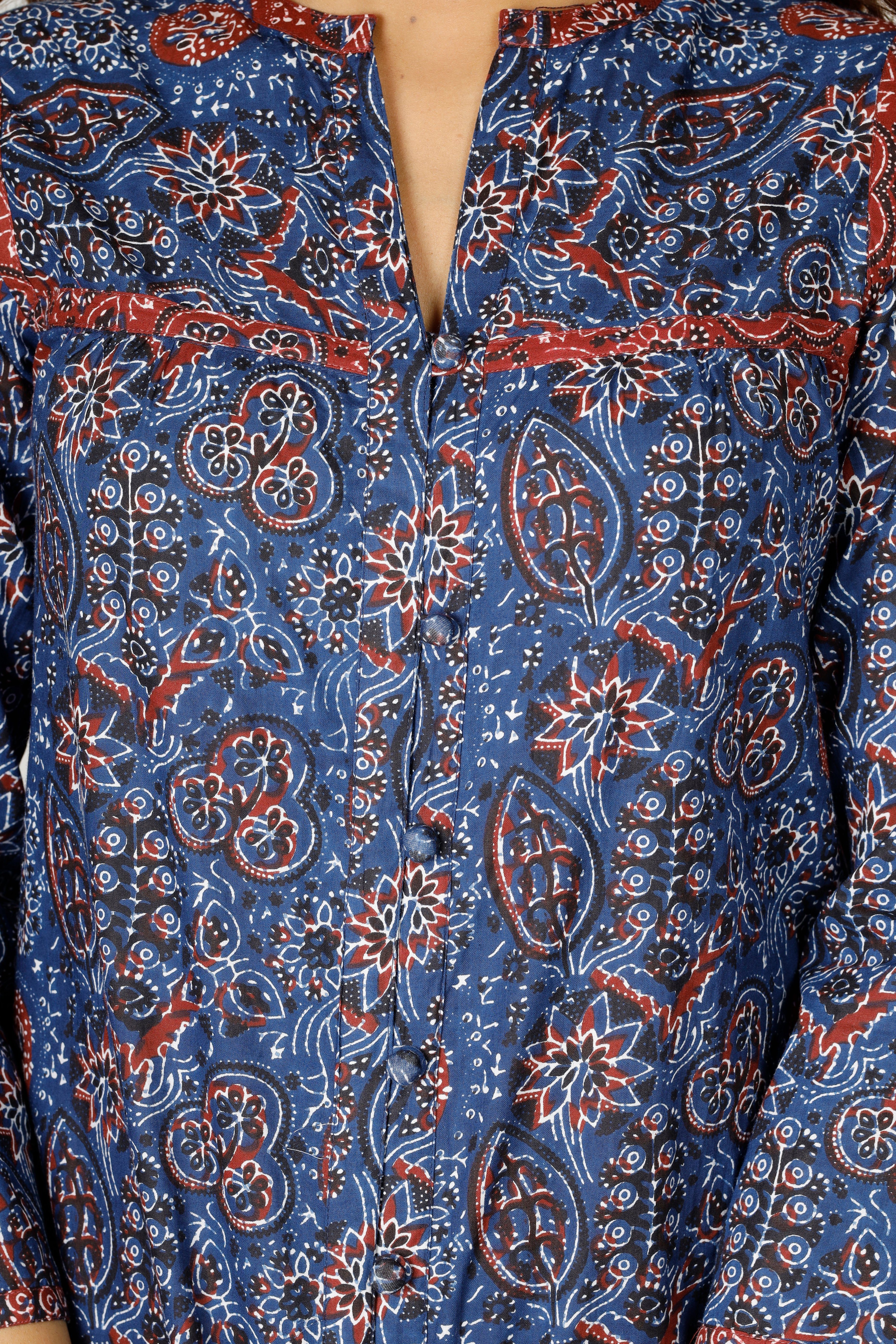 luftige Bekleidung alternative Guru-Shop blau Handbedruckte Baumwollbluse.. Bohobluse, Longbluse
