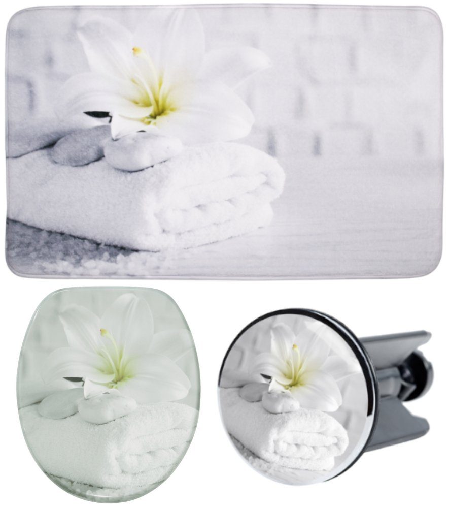 Sanilo Badaccessoire-Set 3-teilig Good Feeling, WC-Sitz mit Absenkautomatik, Badteppich 70 x 110 cm, Waschbeckenstöpsel, 3 tlg., hochwertig & modern, universell, leichte Montage