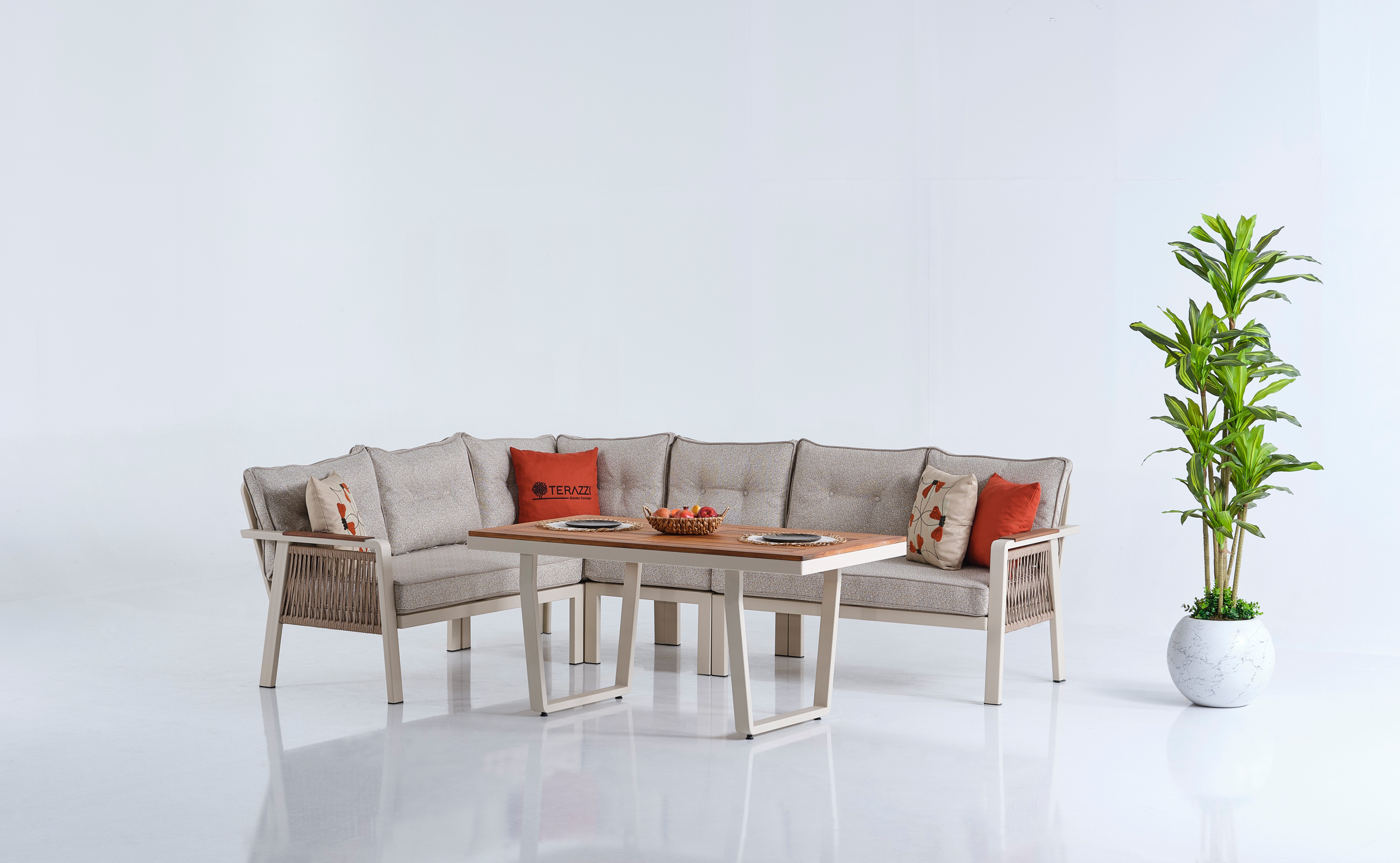 gowoll Gartenlounge-Set Premium Ecklounge mit Wetterfest Gartentisch Aluminium Möbelsets, (Sitz und Rückenkissen, Tisch mit 2x3 Sitzer und 2xStuhl), Armlehne aus Iroko-Holz