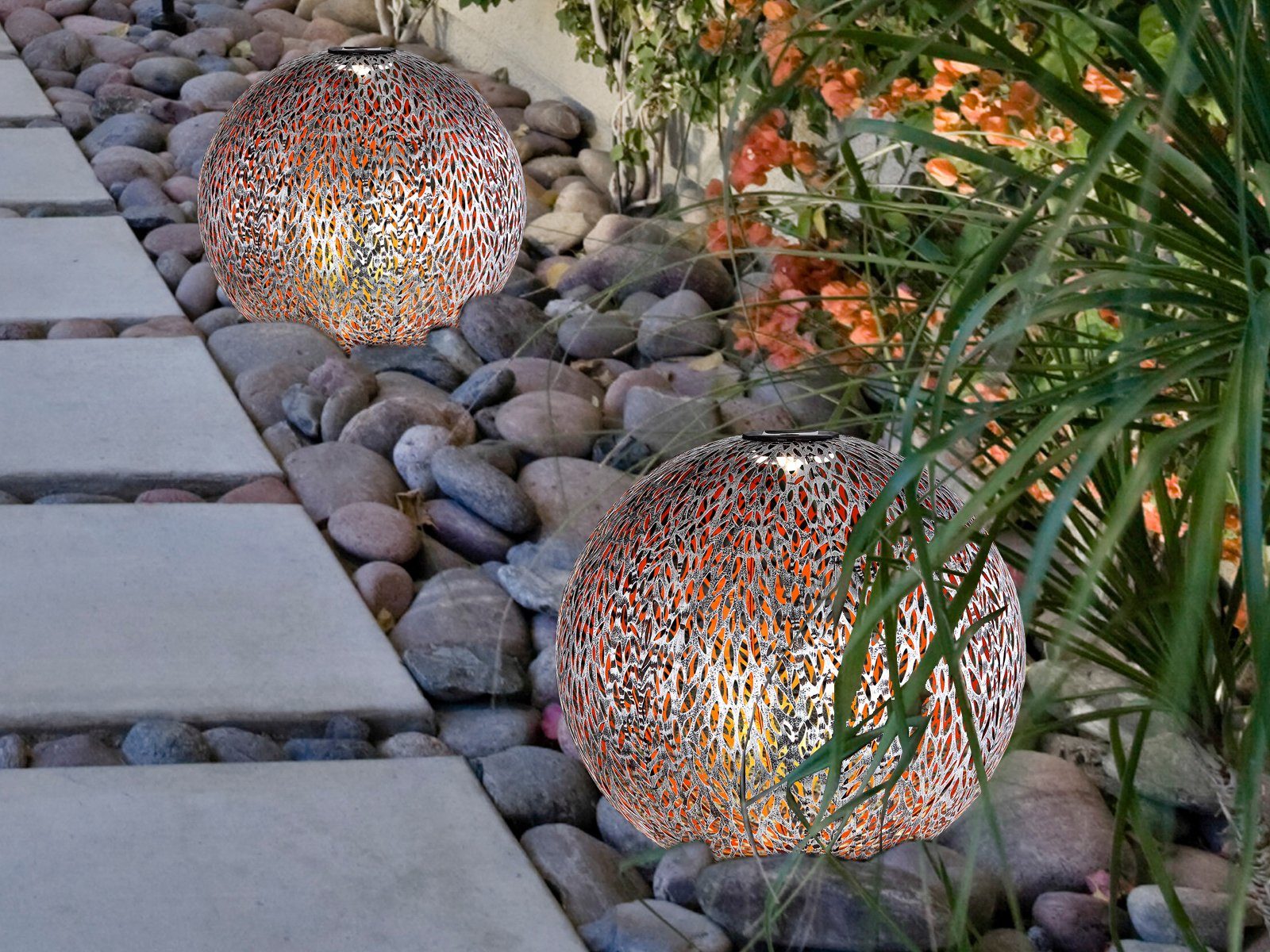 GLOBO LIGHTING LED Solarleuchte, LED fest integriert, Warmweiß, 2er Set ausgefallene Leuchtkugeln Solar-lichter Garten & Balkon, Ø27cm