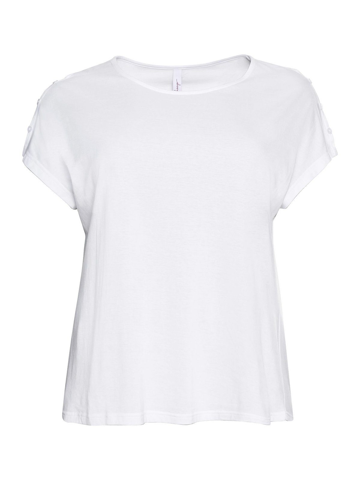 Größen A-Linie leichter Sheego Große T-Shirt weiß Schulterpartie, in mit offener