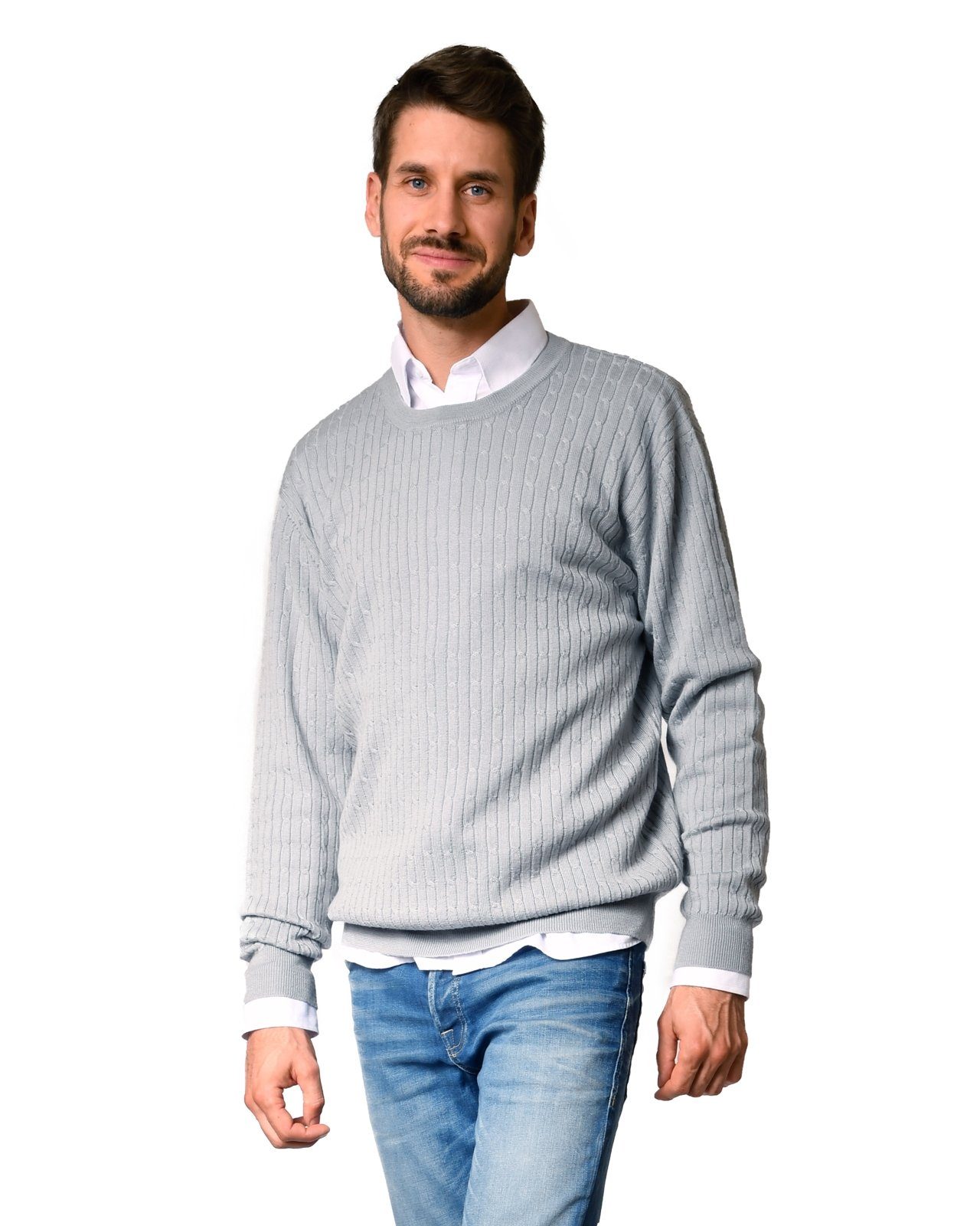 Strickpullover Herrenpullover aus Wolle, leicht, Zopfmuster, Rundkragen, silber M