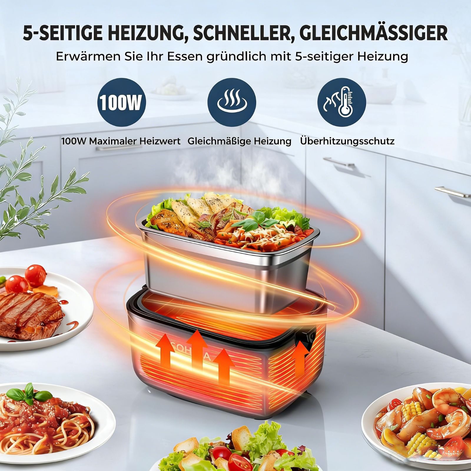 AKKEE Elektrische Lunchbox für Zuhause und Auto, Kabellos, 1,2 L, schnelles Erhitzen von Speisen, Intelligentes Touchpanel – Bild 4 von 5