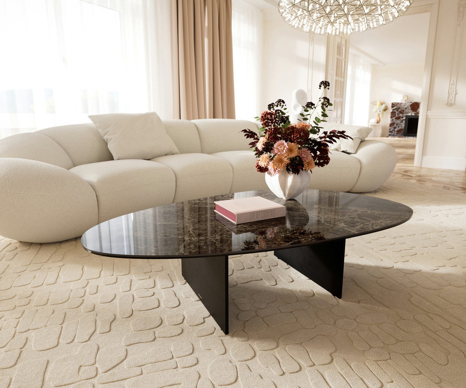 DELIFE Couchtisch Edge, Oval 140x75 cm Keramik Emperador Extra Lucidato Dunkelbraun Salto Meta