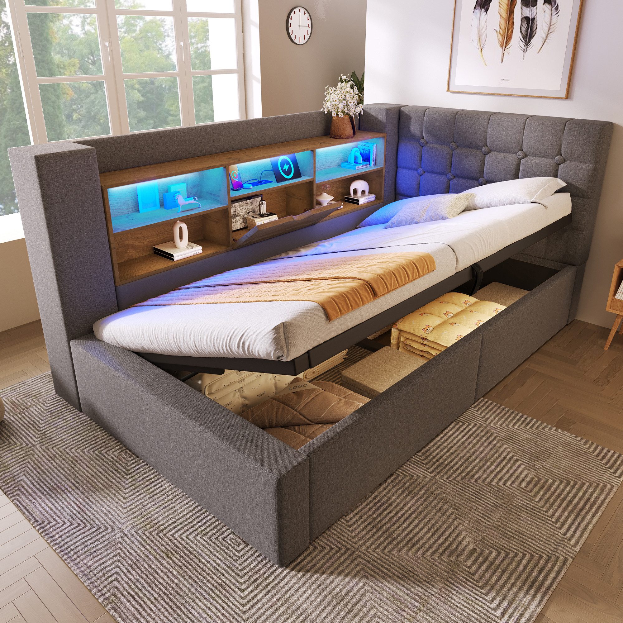 REDOM Polsterbett Bett 90x200 cm LED-Beleuchtung, Hydraulik-Stauraum, Leine günstig online kaufen