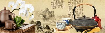 wandmotiv24 Küchenrückwand Tee Asiatisch Kirschblüte Holz Pergament, (1-tlg), Premium Hartschaum Nischenrückwand in versch. Größen