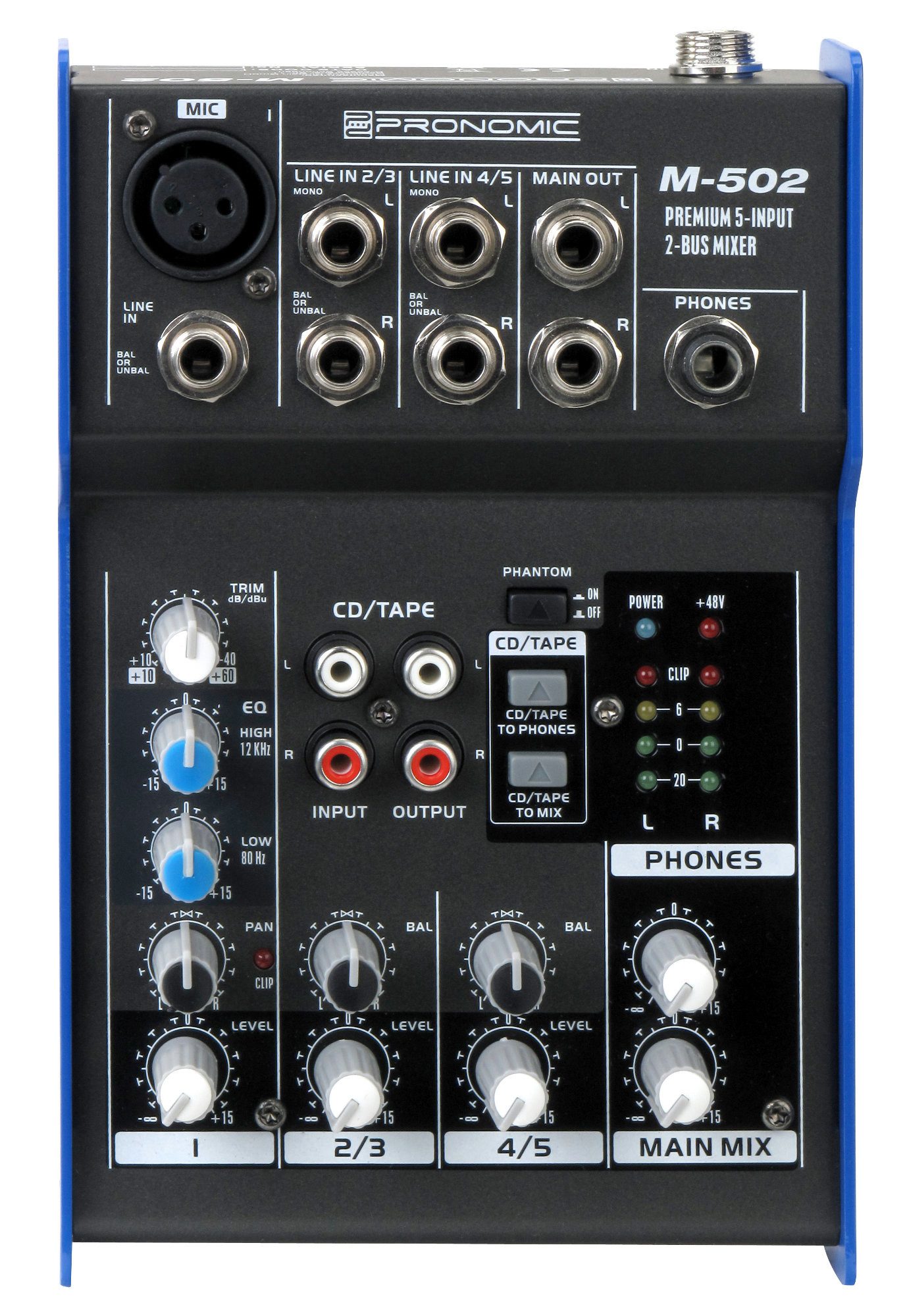 Pronomic Mischpult M-502 5-Kanal-Mischpult, mit 1 Mono-Kanäle XLR/Klinke, 2-Stereo Kanäle, 3-Band-EQ