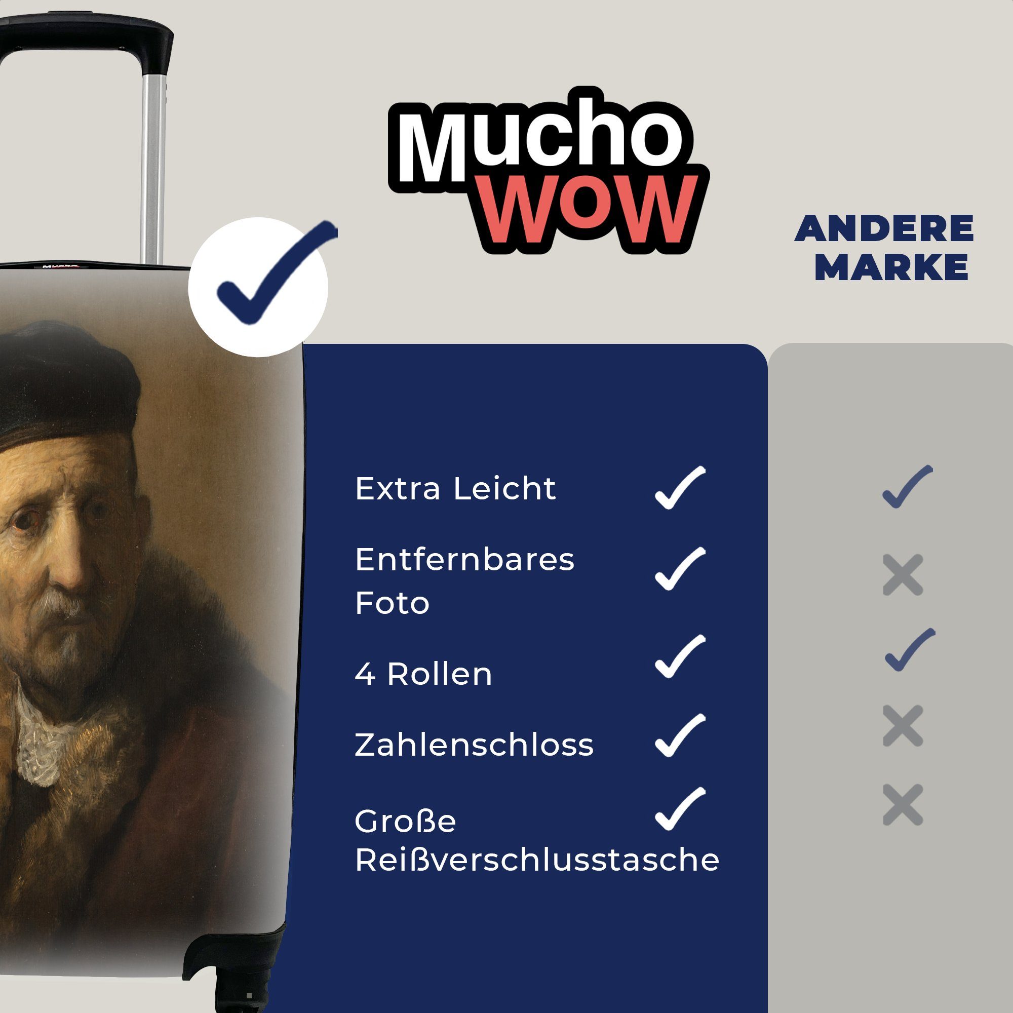 MuchoWow Handgepäckkoffer 4 Reisekoffer Tronie alten - Rembrandt Rollen, Rijn, Mannes rollen, eines für van Trolley, mit Ferien, Reisetasche Handgepäck